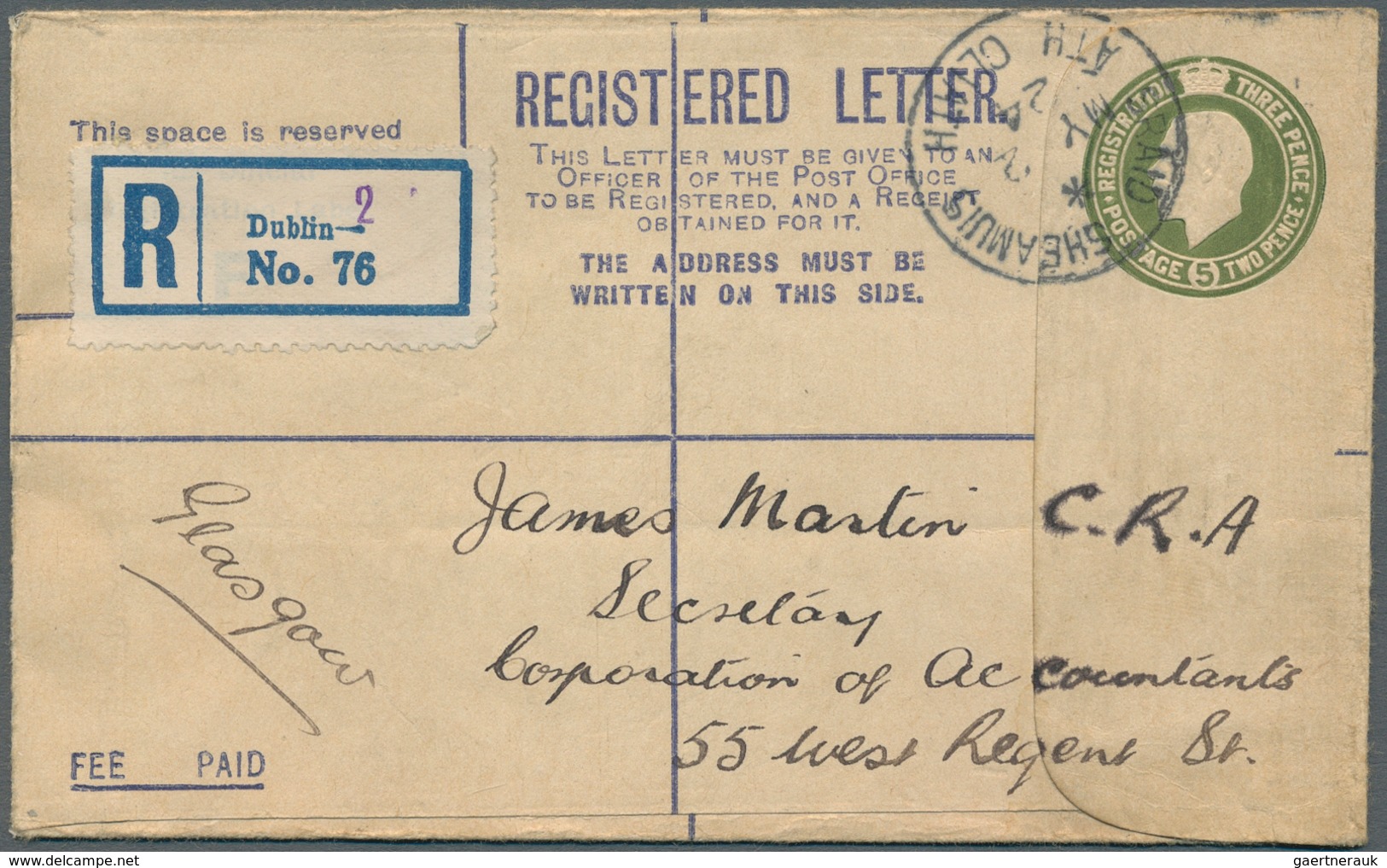 14428 Irland - Ganzsachen: British Dominion: 1923, King Georg V. 5 D. Olive Green Registered Envelope, Siz - Entiers Postaux