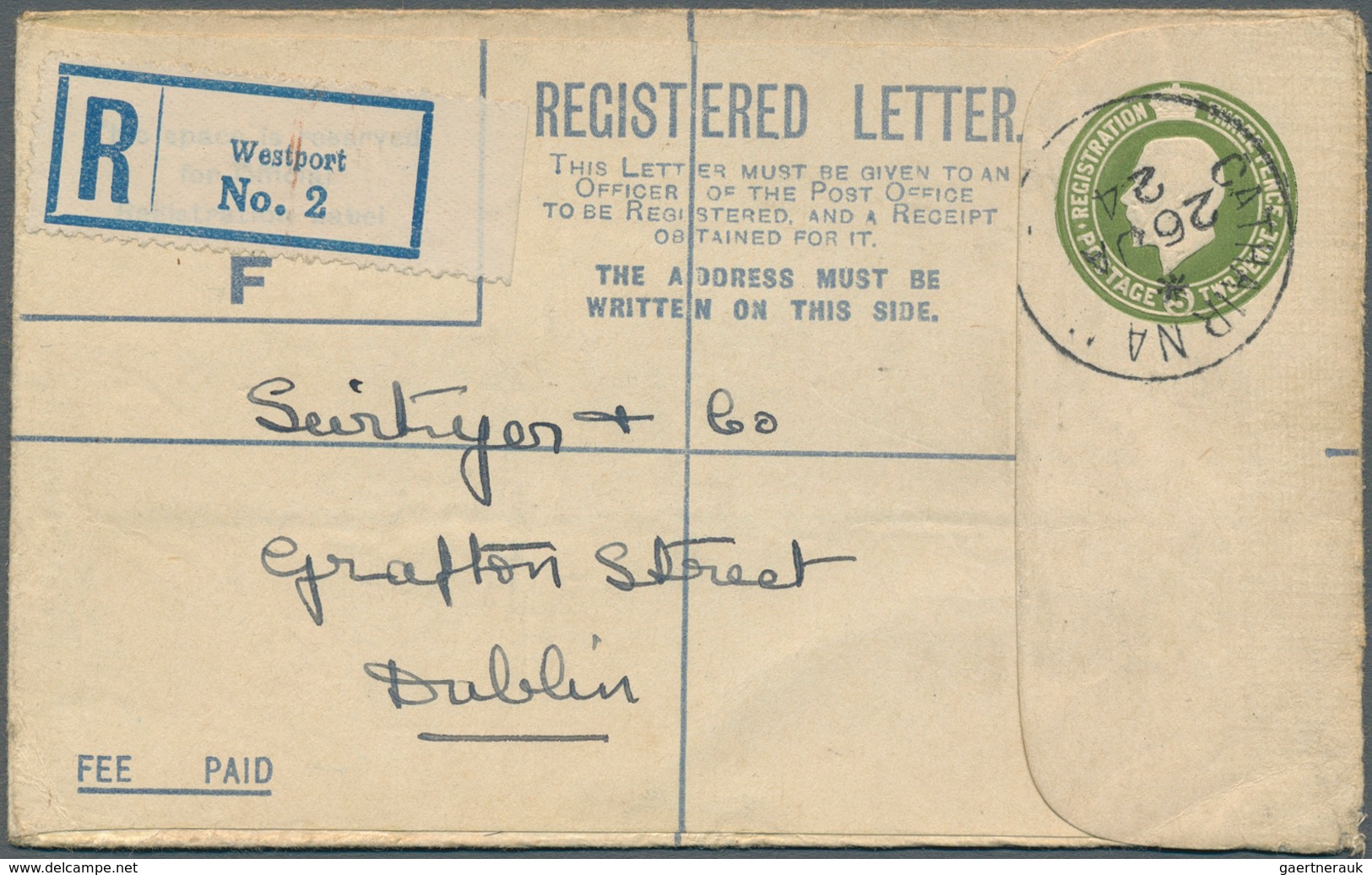14428 Irland - Ganzsachen: British Dominion: 1923, King Georg V. 5 D. Olive Green Registered Envelope, Siz - Entiers Postaux
