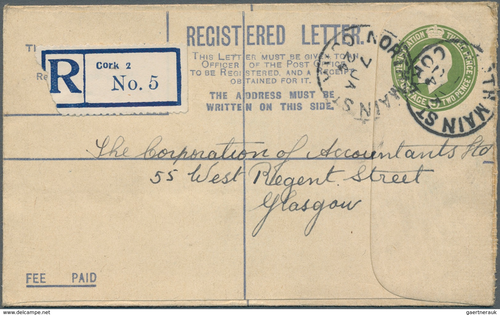 14428 Irland - Ganzsachen: British Dominion: 1923, King Georg V. 5 D. Olive Green Registered Envelope, Siz - Entiers Postaux