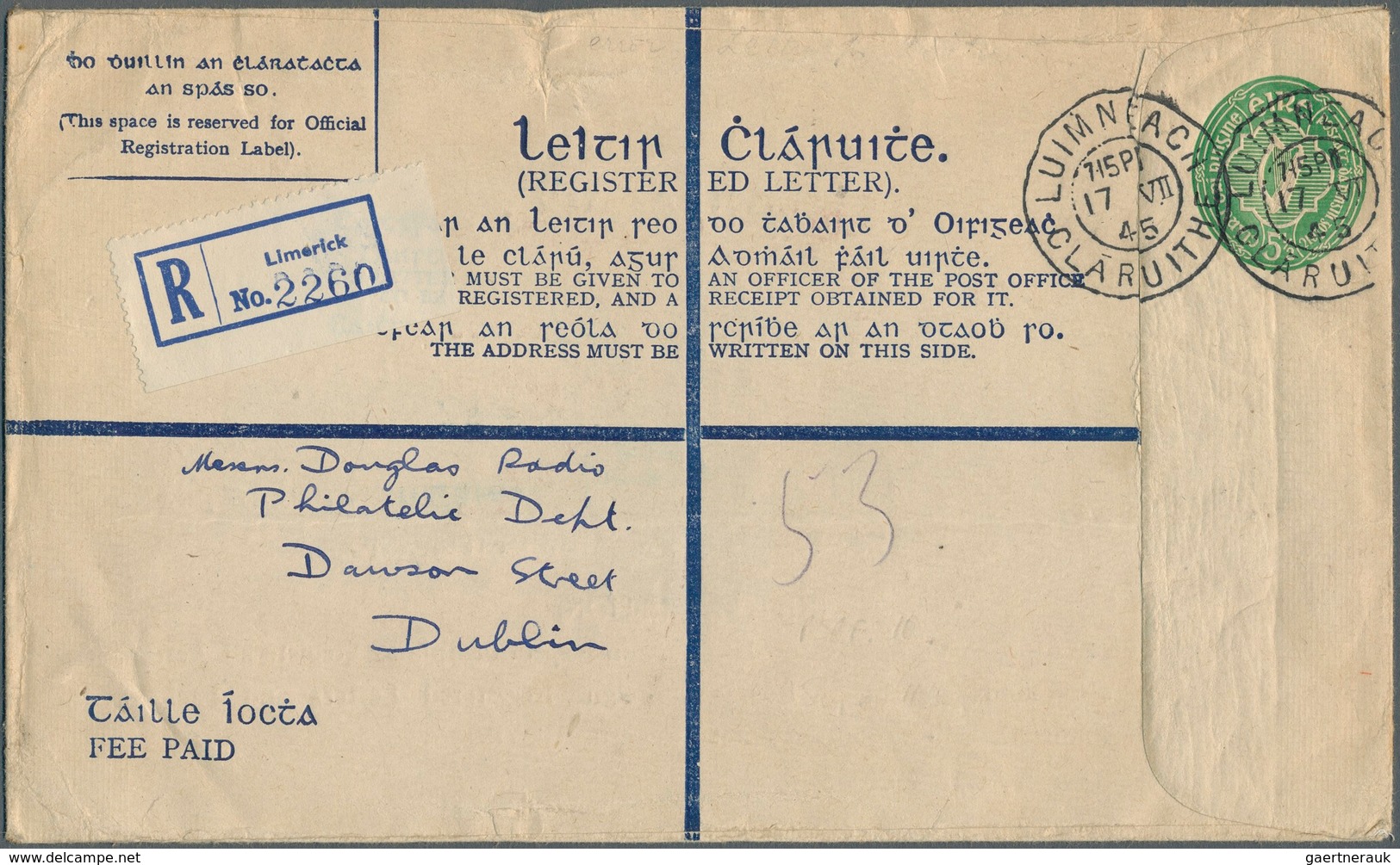 14431 Irland - Ganzsachen: 1942, Irish Harp 5 1/2 D. Green Registered Envelope, Size H, Used From "LUIMNEA - Ganzsachen