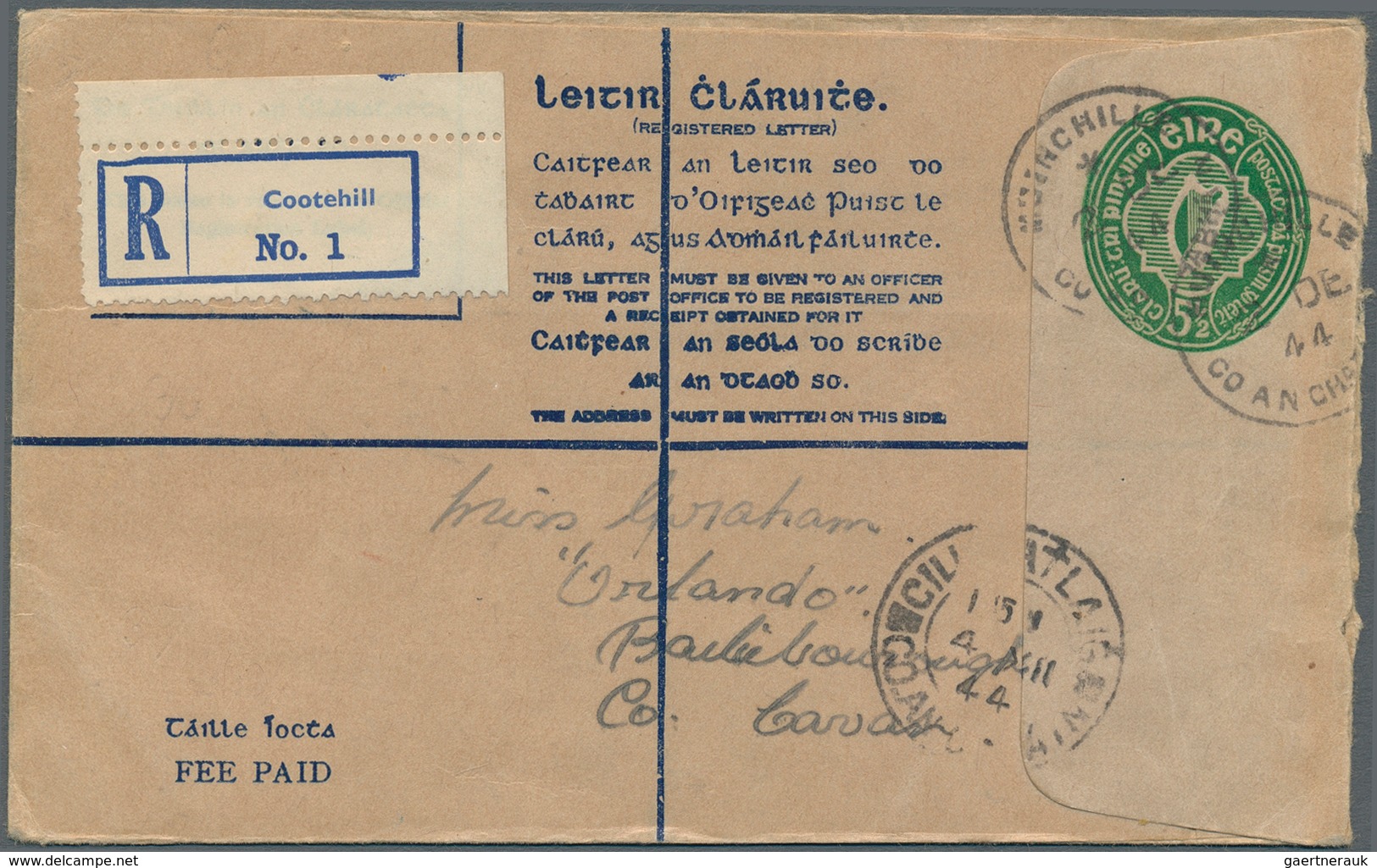 14434 Irland - Ganzsachen: 1942, Irish Harp 5 1/2 D. Pale Green Registered Envelope Without Cotton Scrim L - Ganzsachen