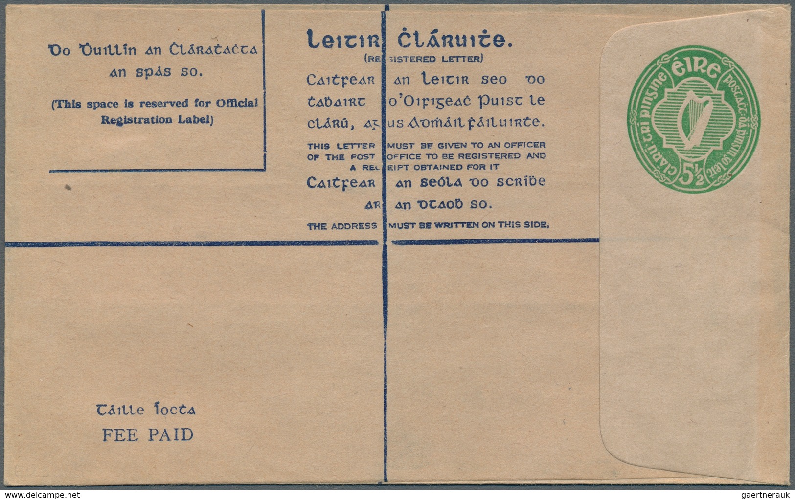 14435 Irland - Ganzsachen: 1942, Irish Harp 5 1/2 D. Pale Green Registered Envelope Without Cotton Scrim L - Entiers Postaux