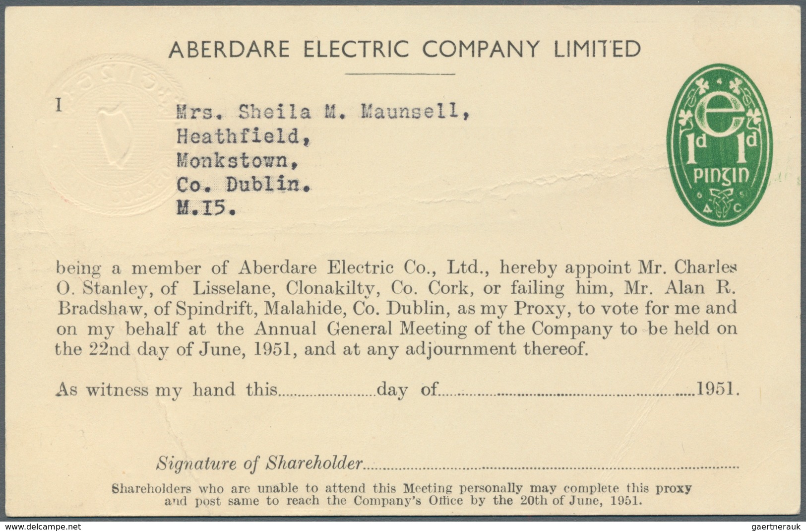 14437 Irland - Ganzsachen: Aberdare Electric Co., Ldt., Dublin: 1951, 1 D. Red "proxy" Card, Text In Black - Ganzsachen