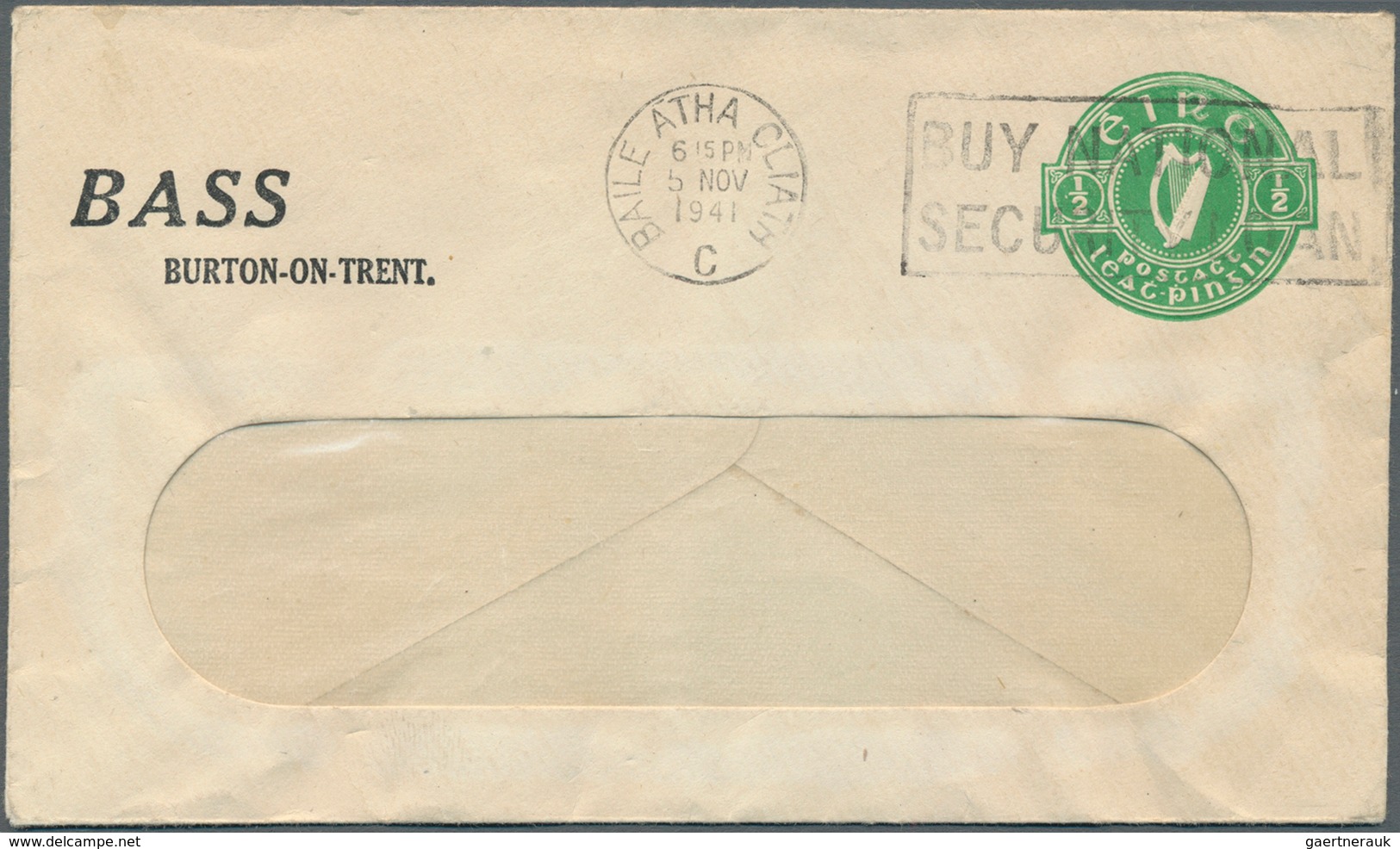 14440 Irland - Ganzsachen: Bass, Burton-on-Trent: 1941, 1/2 D. Pale Green Window Envelope, Used From "BALE - Ganzsachen