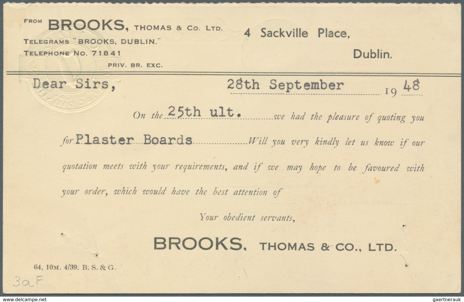 14444 Irland - Ganzsachen: Brooks, Thomas & Co.: 1939, 1/2 D. Pale Green Question Card With Additional Fra - Ganzsachen