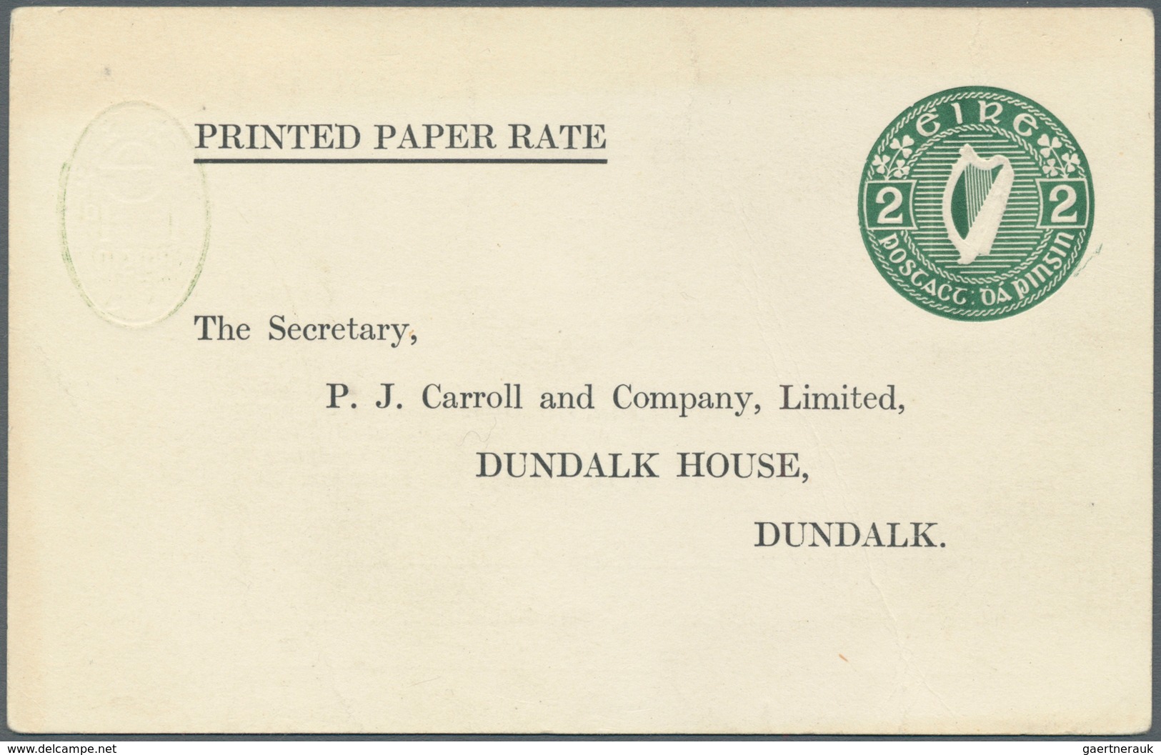 14448 Irland - Ganzsachen: P.J. Carroll & Co., Ldt., Dundalk: 1959, 2 D. Olive Green "proxy" Card, Unused, - Ganzsachen