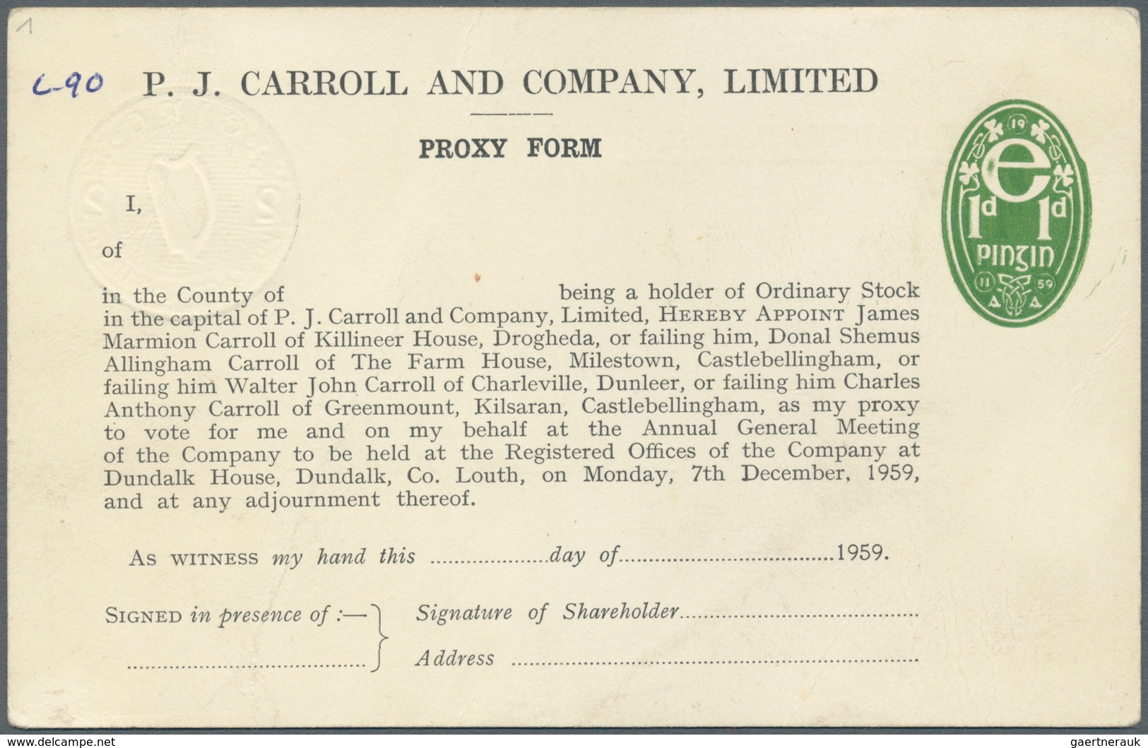 14448 Irland - Ganzsachen: P.J. Carroll & Co., Ldt., Dundalk: 1959, 2 D. Olive Green "proxy" Card, Unused, - Entiers Postaux