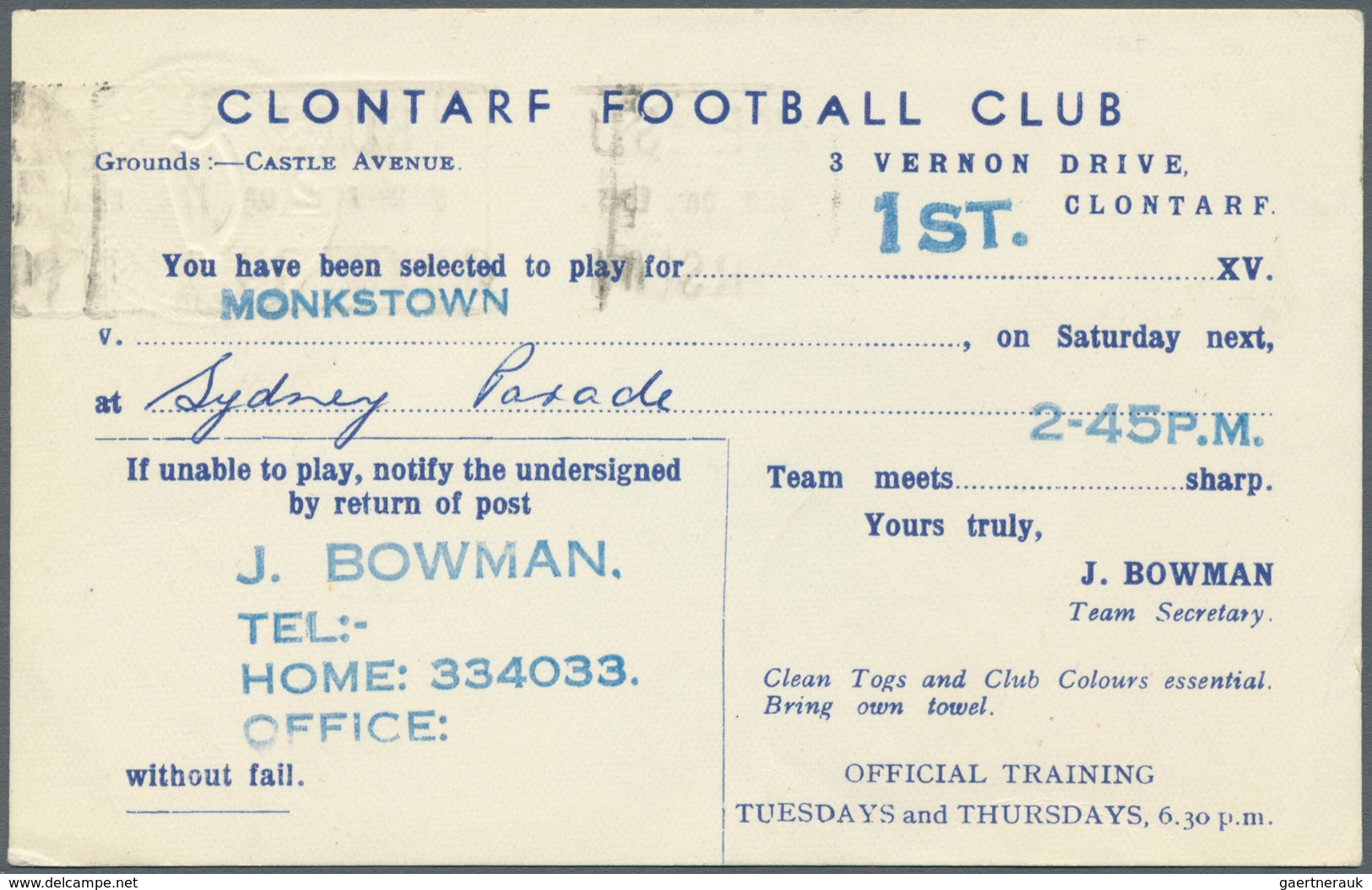 14450 Irland - Ganzsachen: Clontarf Football Club: 1962, 2 D. Olive Green Card With Black Print On Reverse - Ganzsachen