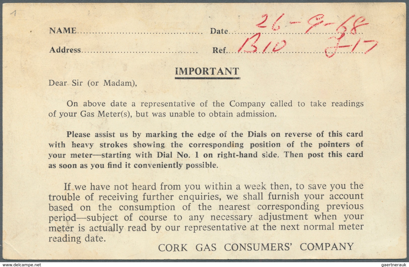 14453 Irland - Ganzsachen: Cork Gas Consumer Company: 1965, 3 D. Blue Printed Matter Card, Unused , Tiny S - Ganzsachen