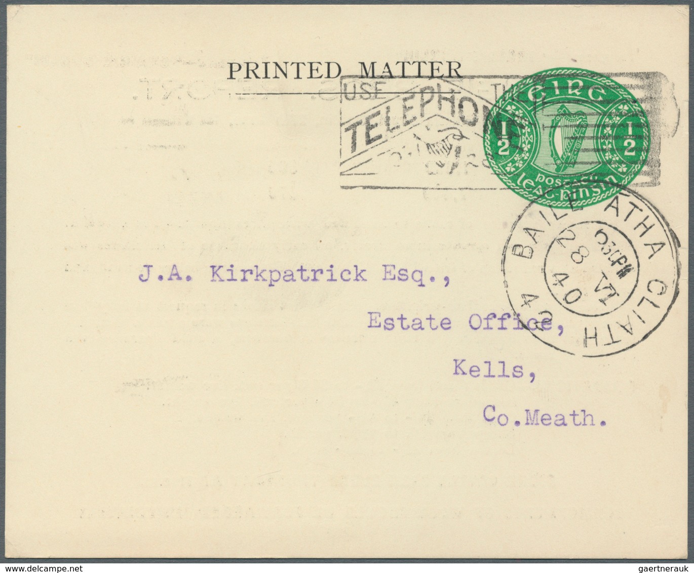 14458 Irland - Ganzsachen: Craigie Bros., Dublin: 1940, 1/2 D. Green Printed Matter Card With "Telegrams"- - Ganzsachen