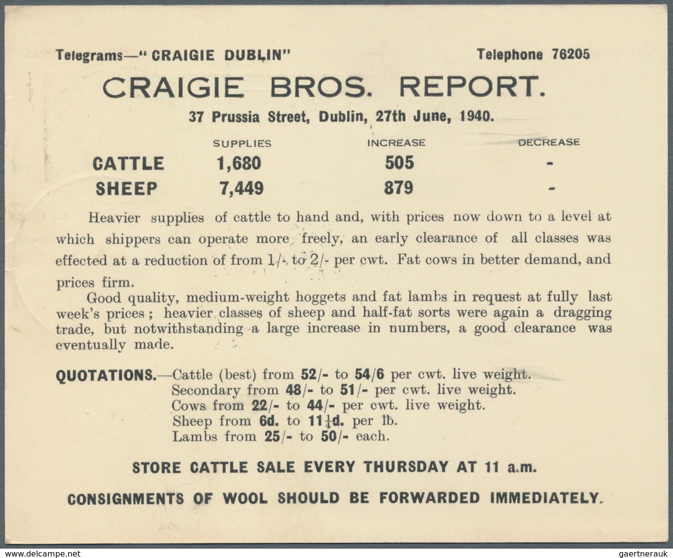 14458 Irland - Ganzsachen: Craigie Bros., Dublin: 1940, 1/2 D. Green Printed Matter Card With "Telegrams"- - Entiers Postaux