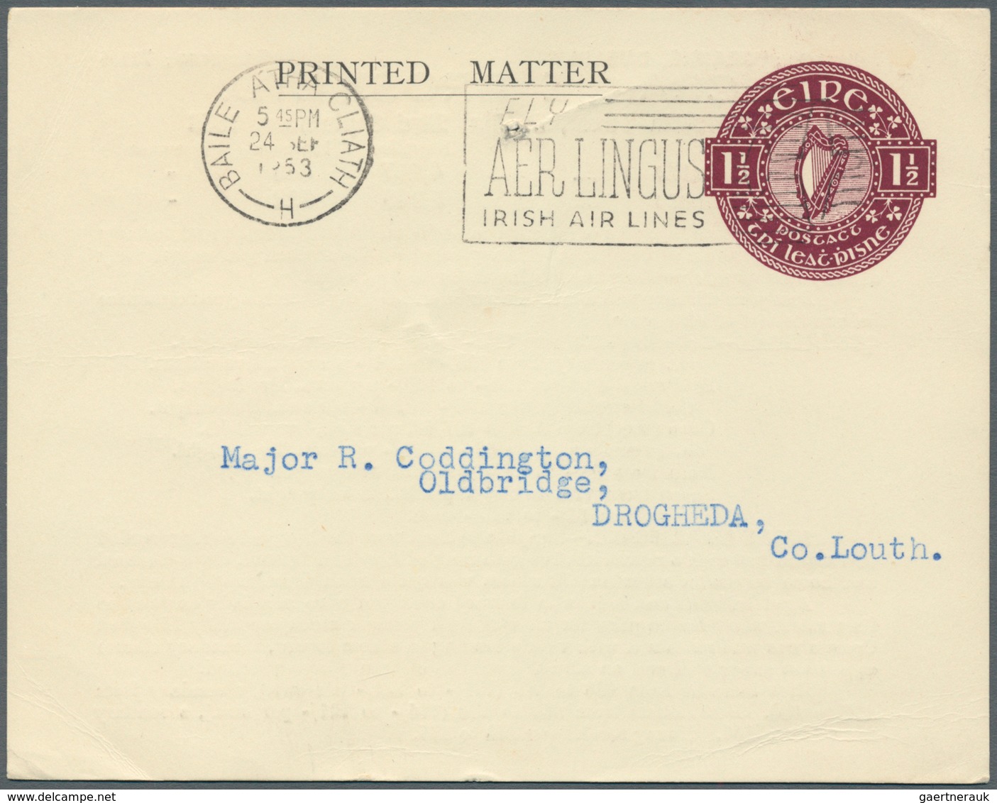 14459 Irland - Ganzsachen: Craigie Bros., Dublin: 1953, 1 1/2 D. Violet Printed Matter Card With "Telegram - Entiers Postaux