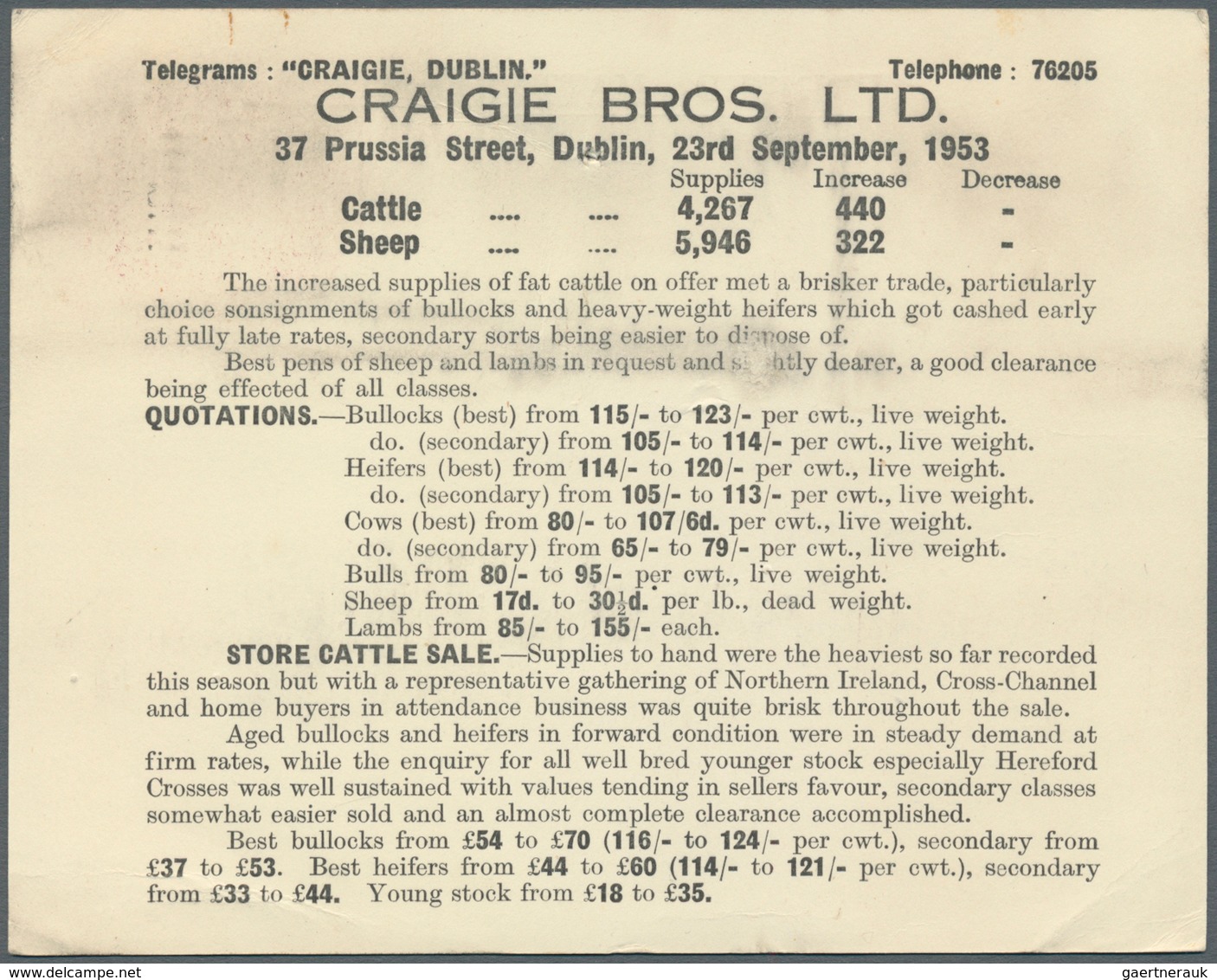 14459 Irland - Ganzsachen: Craigie Bros., Dublin: 1953, 1 1/2 D. Violet Printed Matter Card With "Telegram - Ganzsachen