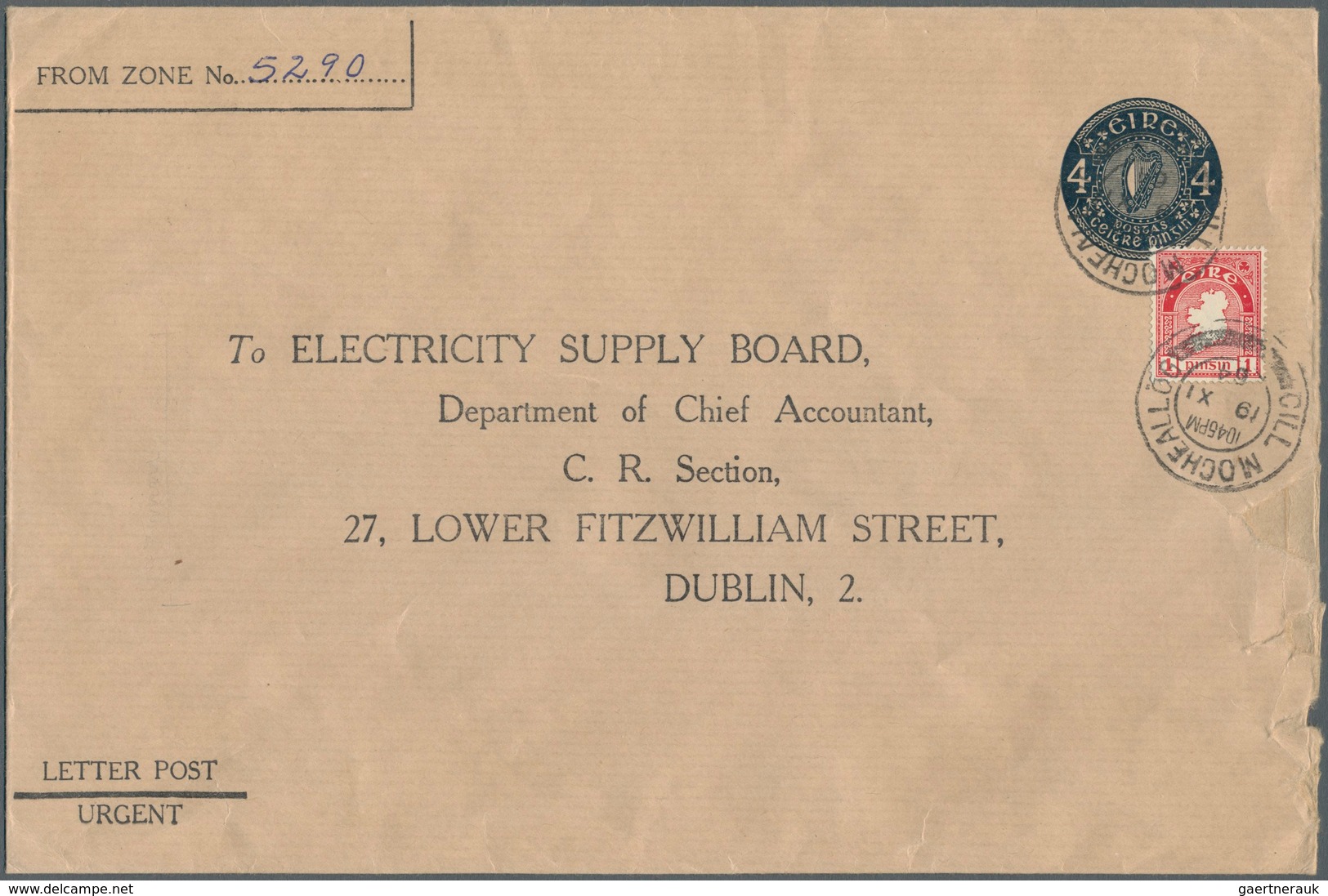 14469 Irland - Ganzsachen: Electricity Supply Board: 1964, 4 D. Black Blue Envelope On Laid Brown Wrapping - Ganzsachen