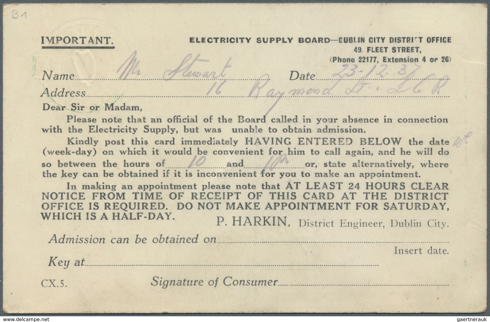 14475 Irland - Ganzsachen: Electricity Supply Board: 1937, 1/2 D. Pale Green Printed Matter Card (Appointm - Ganzsachen