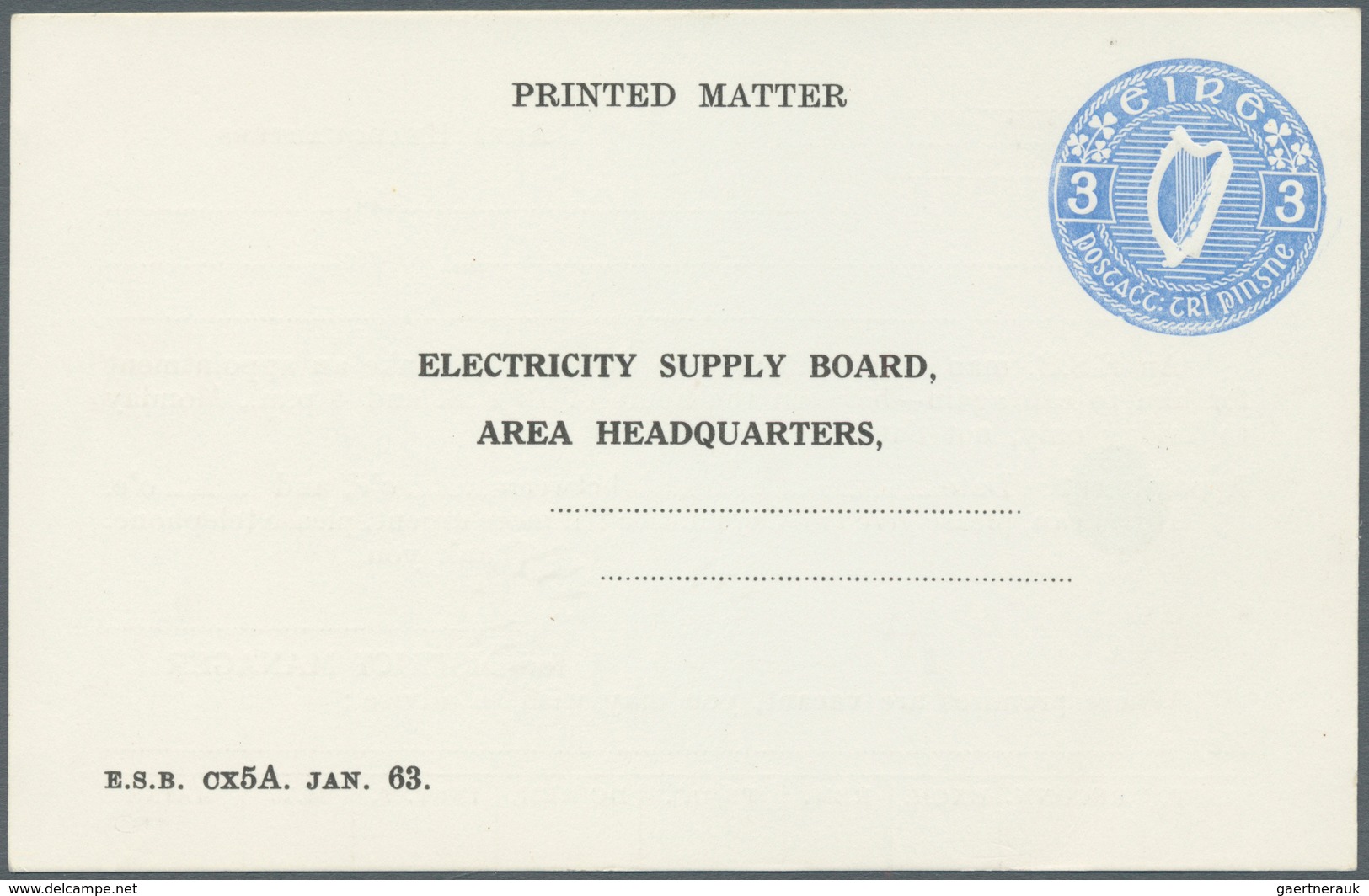 14477 Irland - Ganzsachen: Electricity Supply Board: 1963, 3 D.blue Printed Matter Card (Area Headquarters - Ganzsachen