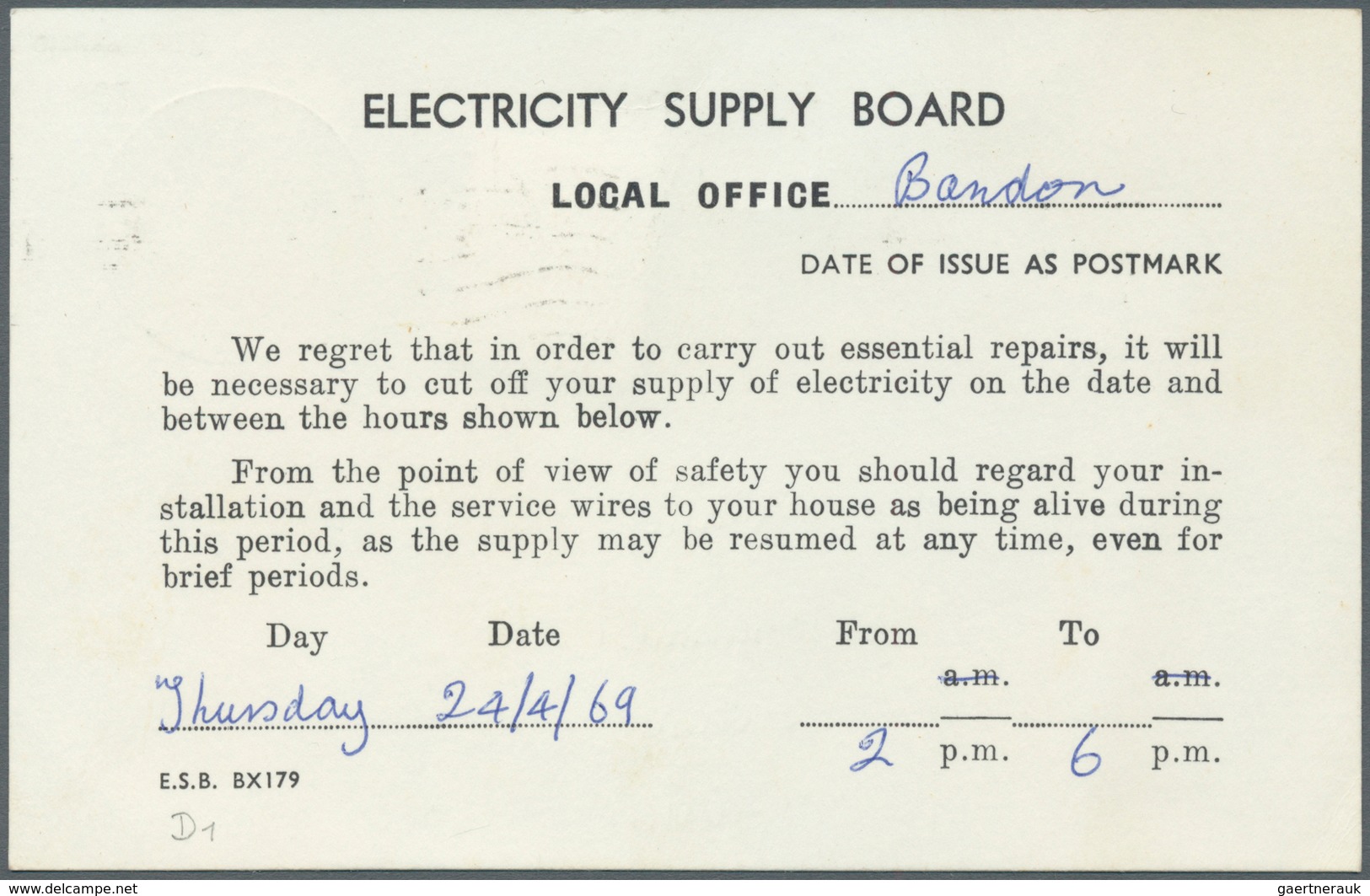 14479 Irland - Ganzsachen: Electricity Supply Board: 1969, 3 D. Blue Printed Matter Card (Disconnection Of - Ganzsachen