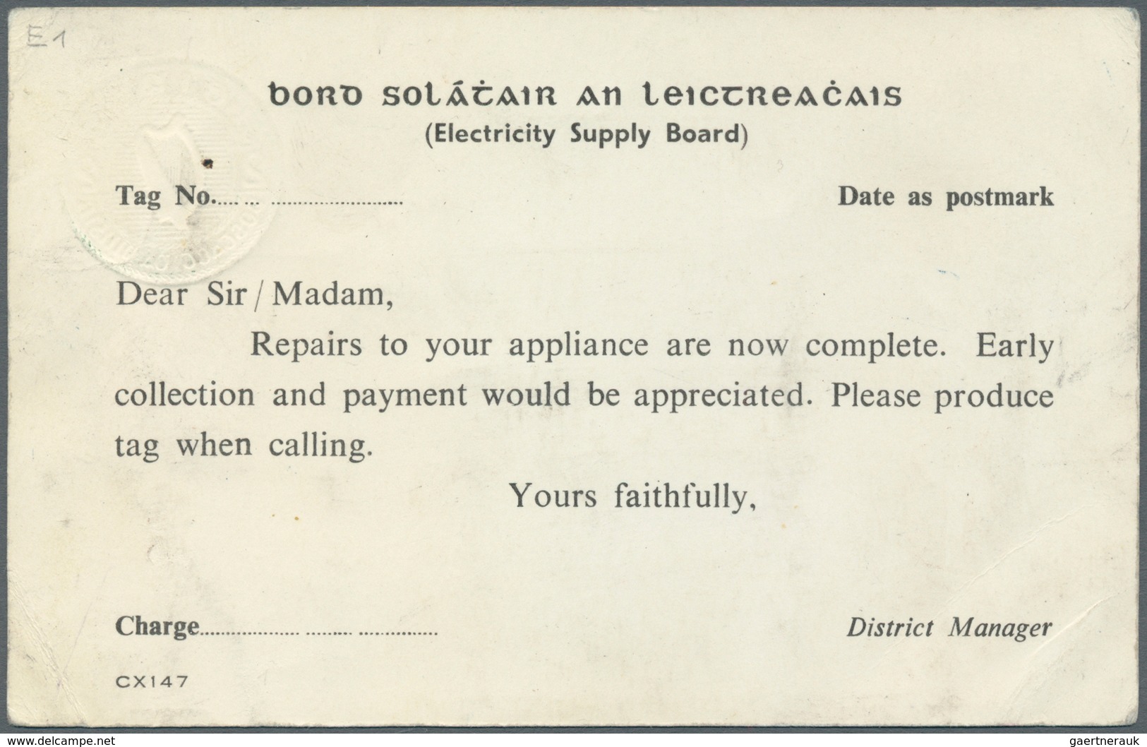 14481 Irland - Ganzsachen: Electricity Supply Board: 1964, 2 D. Olive Green Printed Matter Card (Invoice C - Ganzsachen