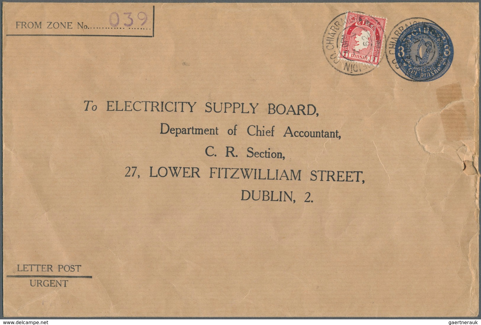 14484 Irland - Ganzsachen: Electricity Supply Board: 1960, 3 D. Blue Envelope On Laid Brown Wrapping Paper - Ganzsachen