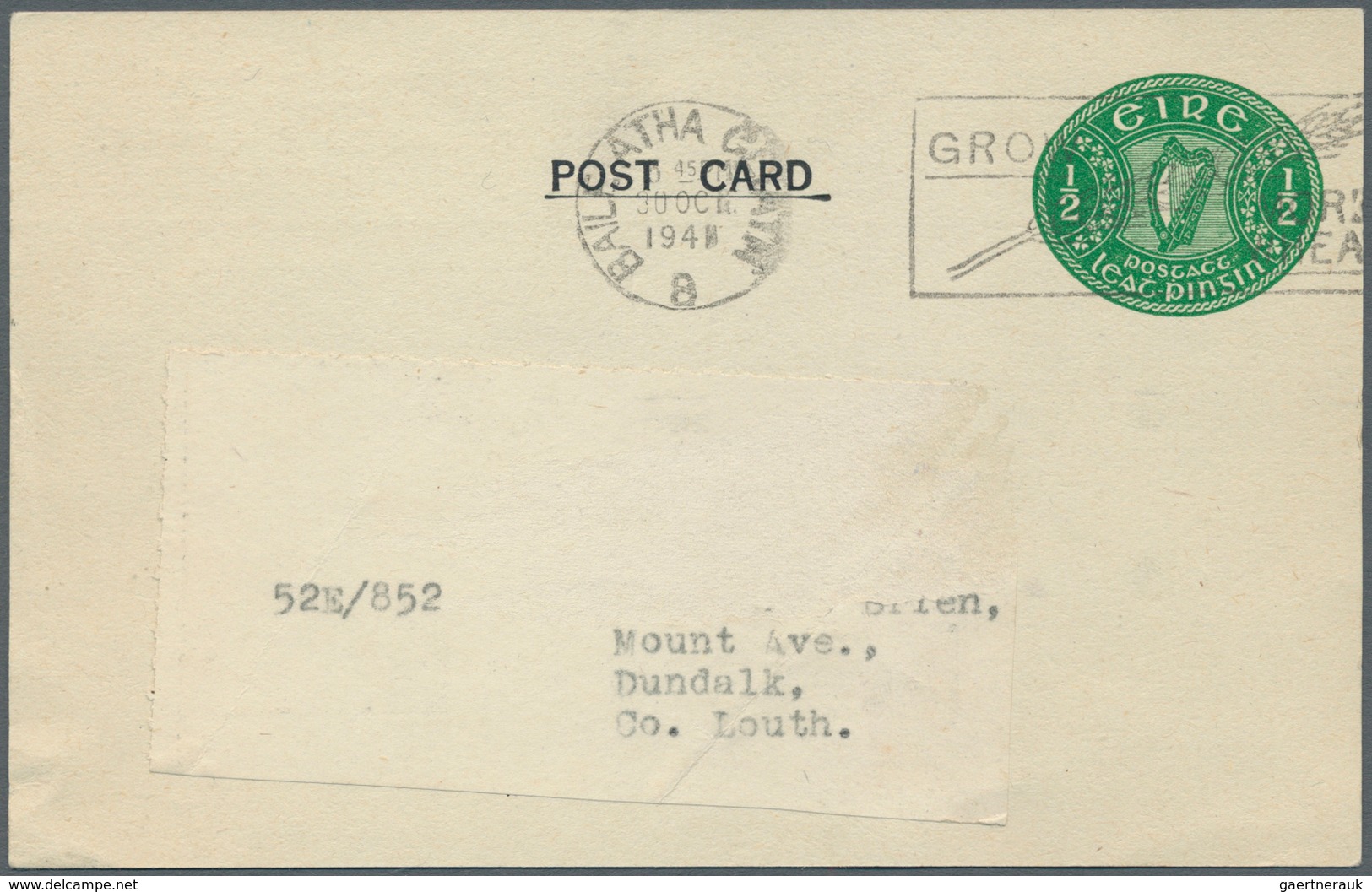 14501 Irland - Ganzsachen: John Player & Sons, Dublin: 1944, 1/2 D. Green Card With Black Print On Reverse - Ganzsachen