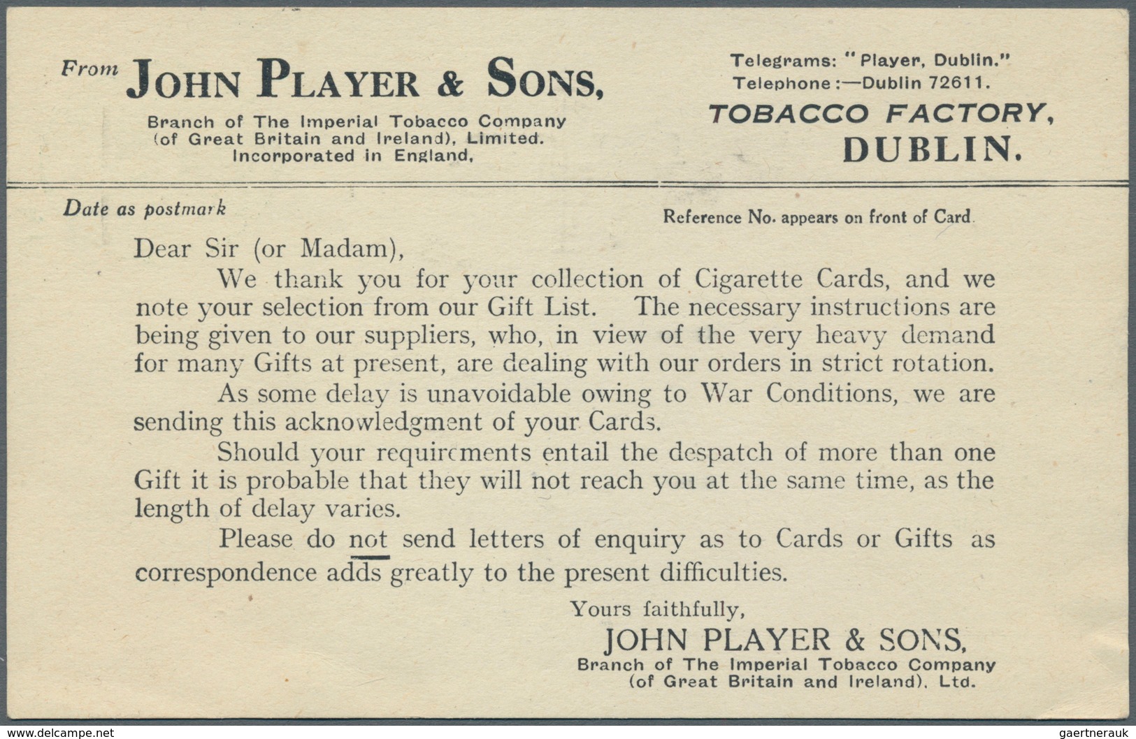 14501 Irland - Ganzsachen: John Player & Sons, Dublin: 1944, 1/2 D. Green Card With Black Print On Reverse - Ganzsachen