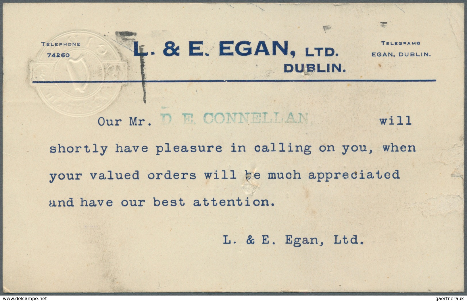 14502 Irland - Ganzsachen: L. & E. Egan, Ldt., Dublin: 1944, 1/2 D. Pale Green Printed Matter Card, Used F - Ganzsachen