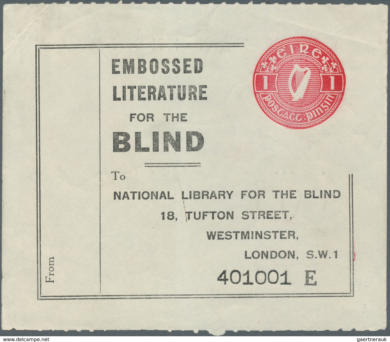 14512 Irland - Ganzsachen: The National Library: 1960, 1 D. Red Gummed Label "Embossed Literature For The - Ganzsachen