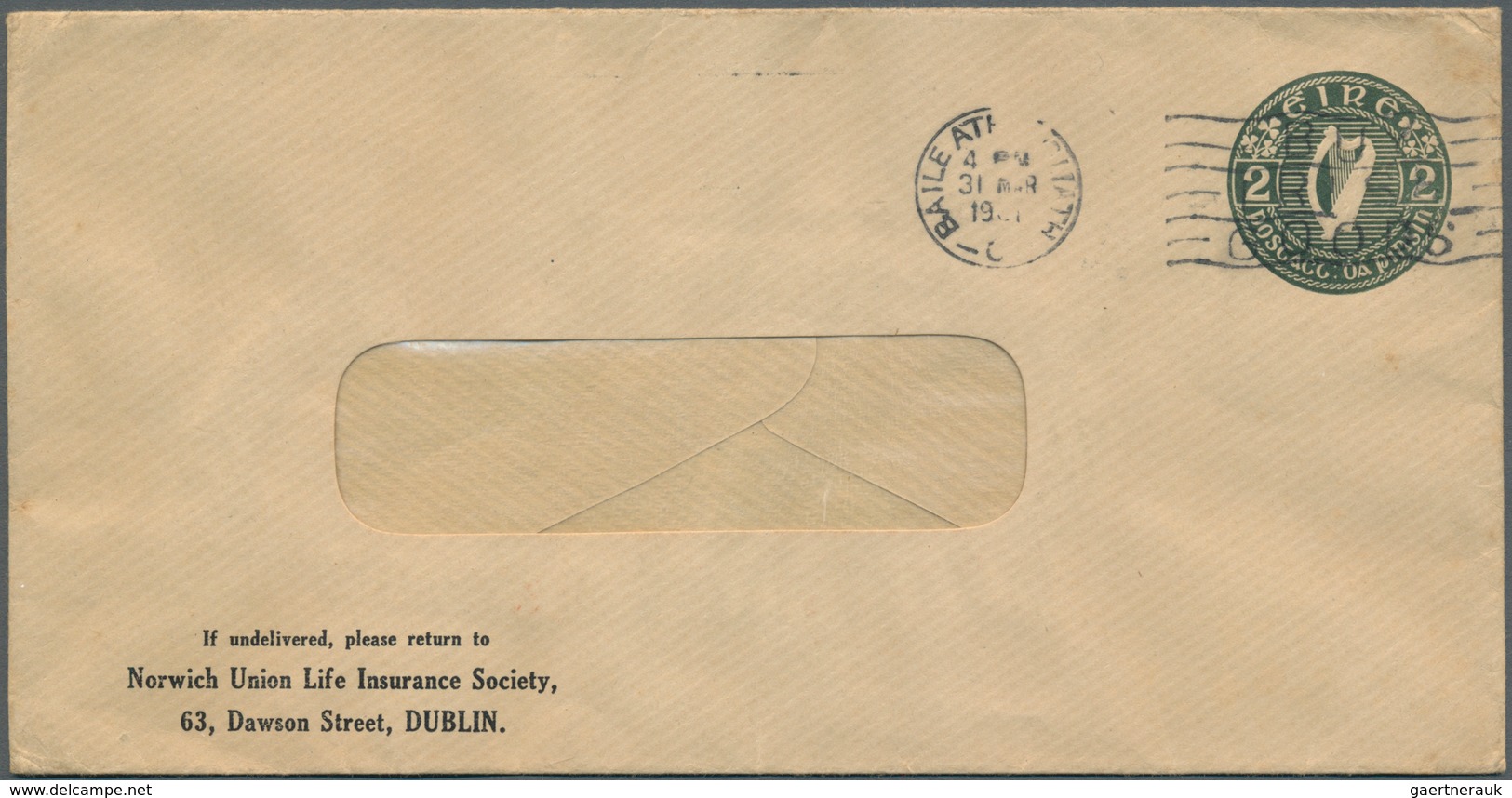 14518 Irland - Ganzsachen: Norwich Union Life Insurance Society: 1921, 2 D. Olive Green Window Envelope, U - Ganzsachen