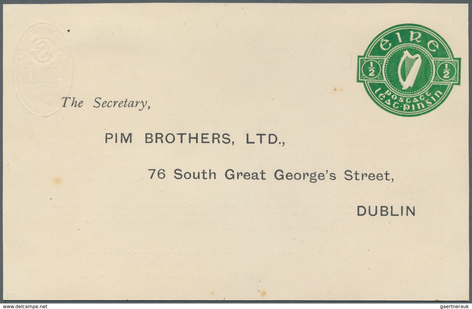 14520 Irland - Ganzsachen: Pim Brothers, Ltd., Dublin: 1935, 1/2 D. Pale Green "proxy" Card, Text In Black - Ganzsachen