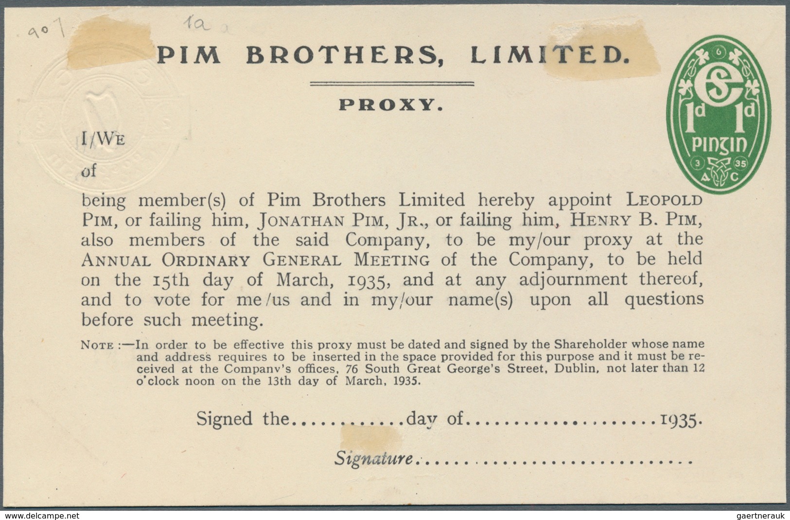 14520 Irland - Ganzsachen: Pim Brothers, Ltd., Dublin: 1935, 1/2 D. Pale Green "proxy" Card, Text In Black - Ganzsachen