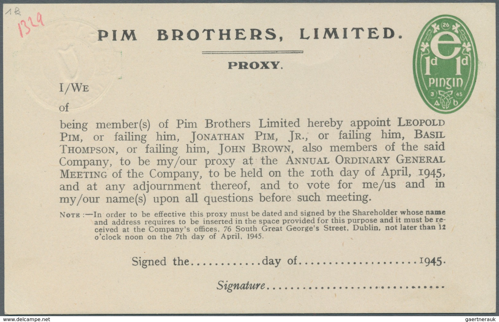 14523 Irland - Ganzsachen: Pim Brothers, Ltd., Dublin: 1944, 1/2 D. Pale Green "proxy" Card, Text In Black - Ganzsachen