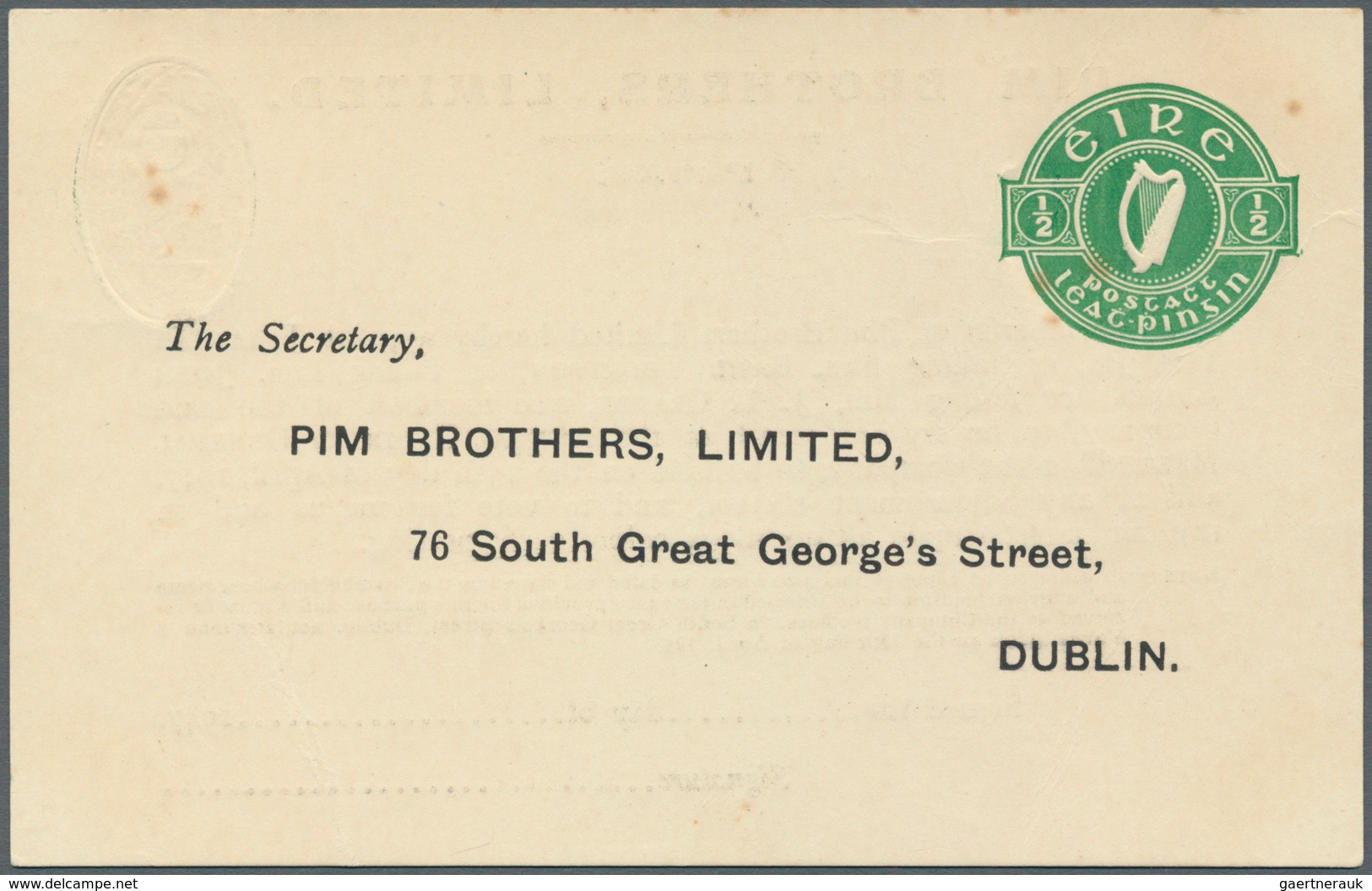 14524 Irland - Ganzsachen: Pim Brothers, Ltd., Dublin: 1947, 1/2 D. Pale Green "proxy" Card, Text In Black - Ganzsachen