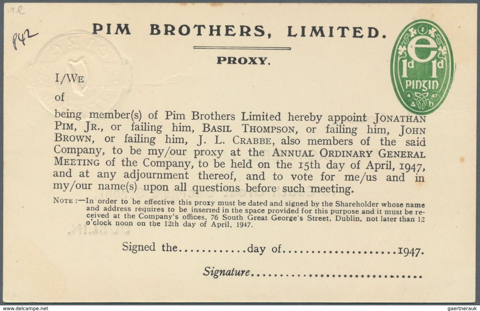 14524 Irland - Ganzsachen: Pim Brothers, Ltd., Dublin: 1947, 1/2 D. Pale Green "proxy" Card, Text In Black - Ganzsachen