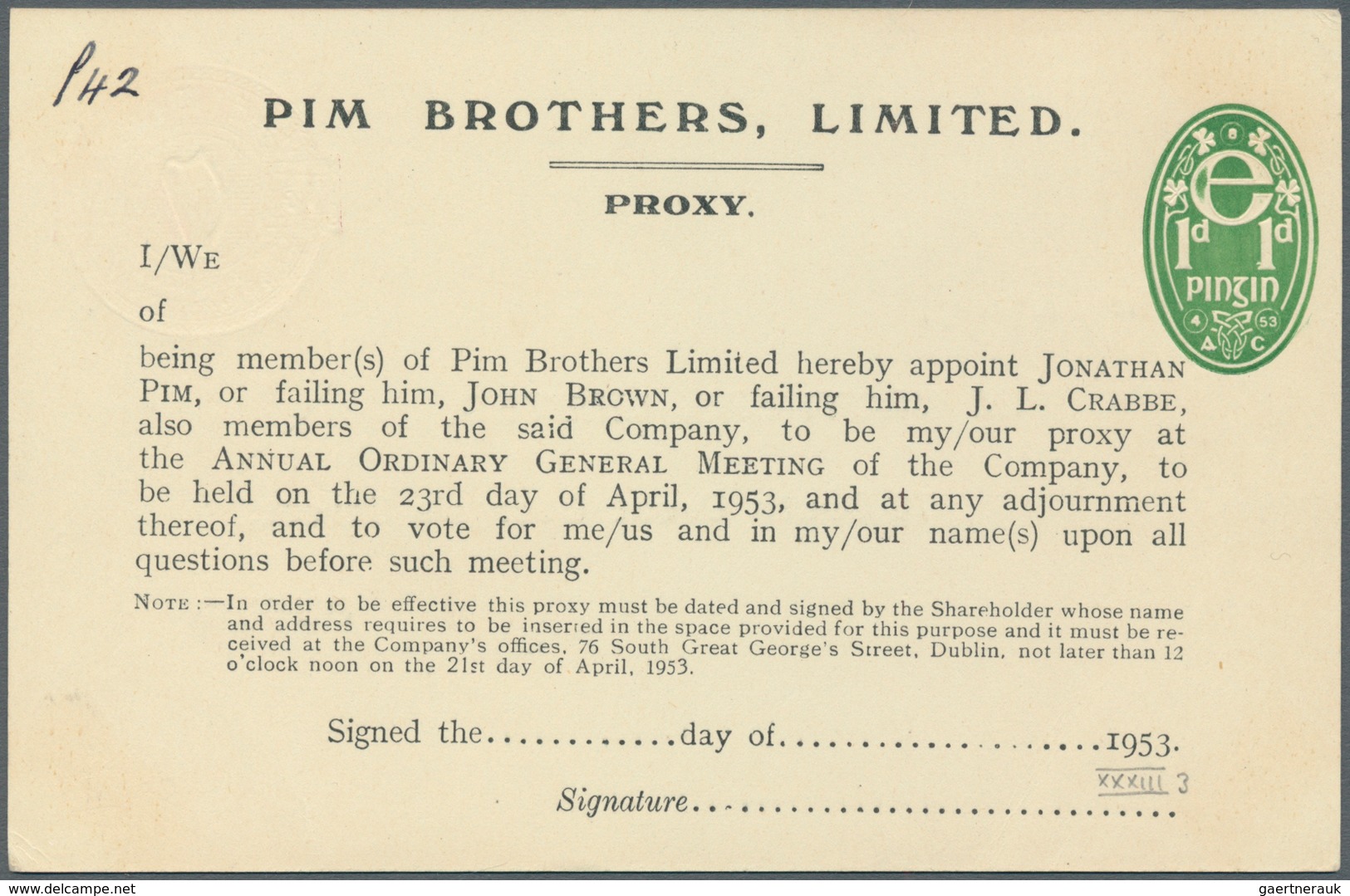 14530 Irland - Ganzsachen: Pim Brothers, Ltd., Dublin: 1953, 1 1/2 D.violet "proxy" Card, Text In Black, U - Ganzsachen