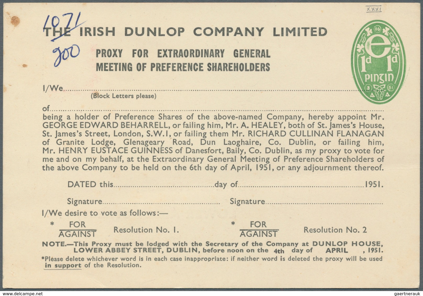 14531 Irland - Ganzsachen: P.J. Carroll & Co., Ldt., Dundalk: 1950/51, Two Different "proxy"-cards Without - Ganzsachen