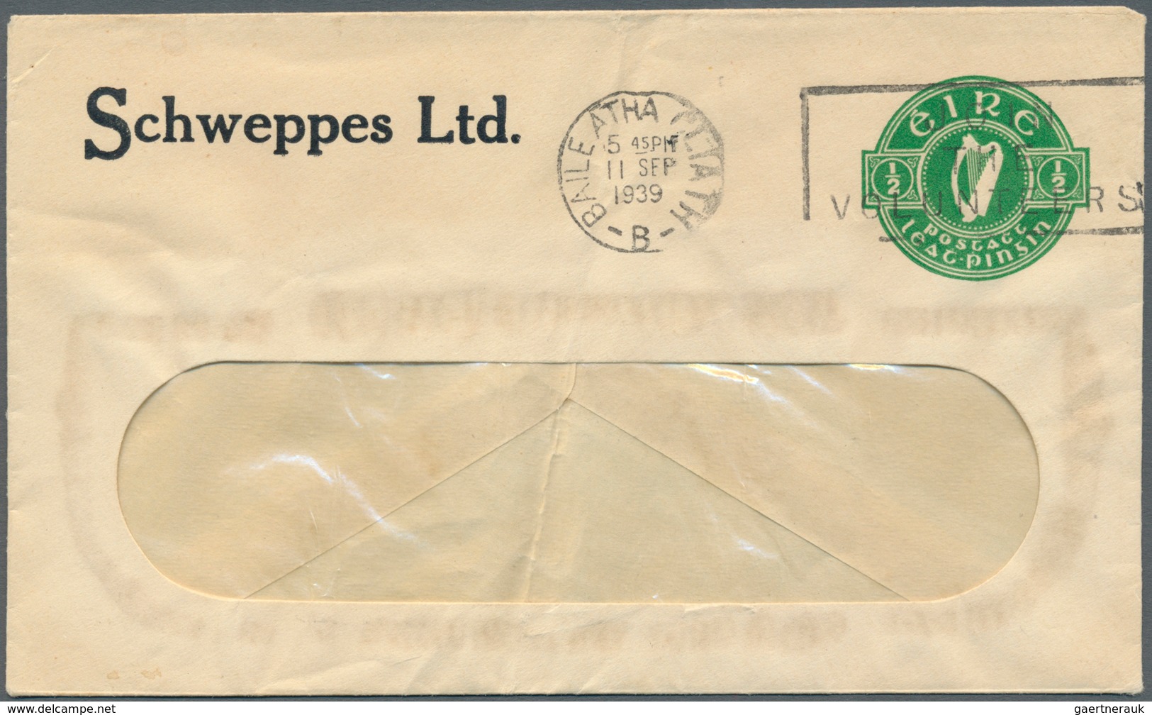 14533 Irland - Ganzsachen: Schweppes Ltd.: 1939, 1/2 D. Pale Green Window Envelope, Used From "BALE ÁTHA C - Ganzsachen