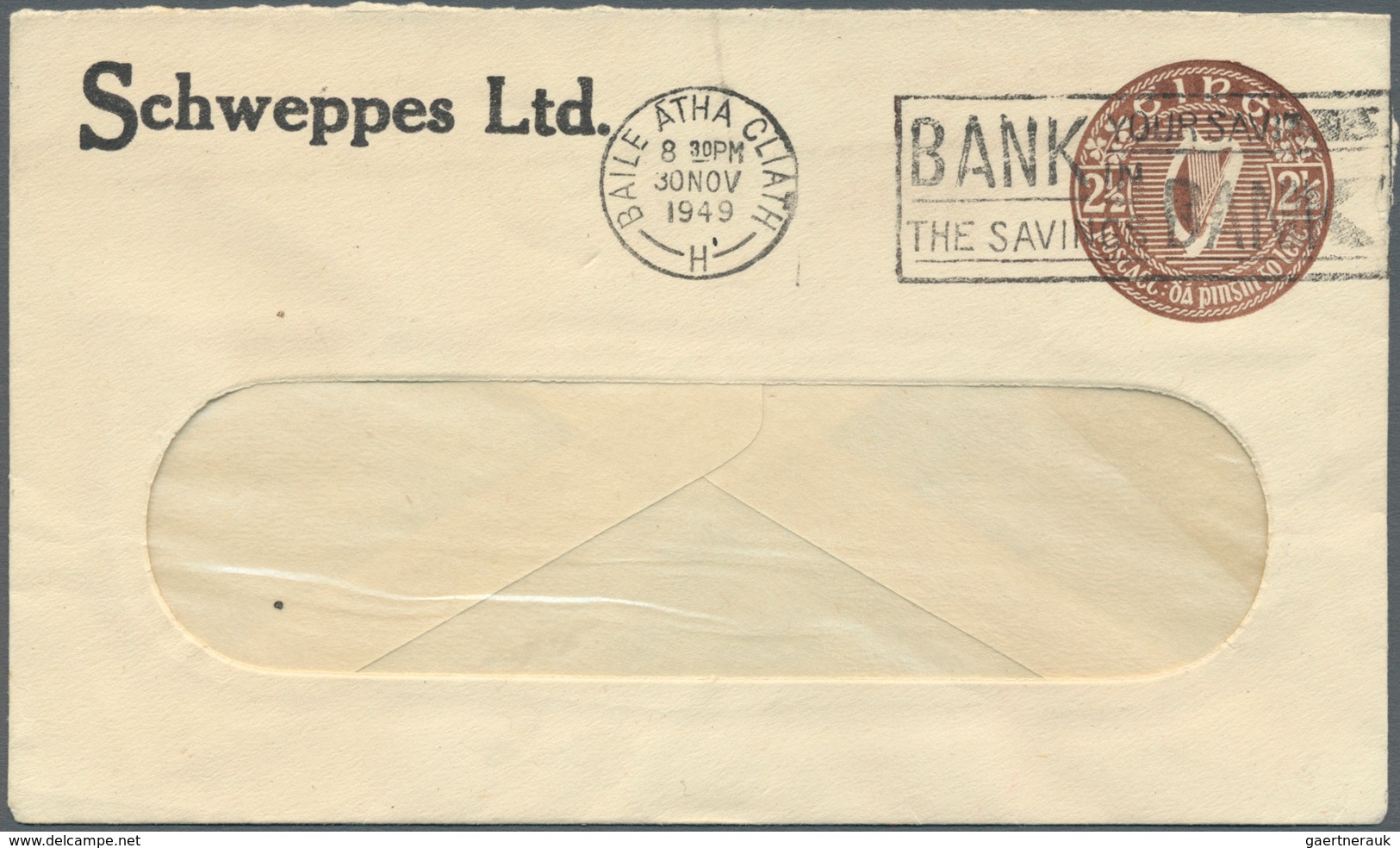 14537 Irland - Ganzsachen: Schweppes Ltd.: 1949, 2 1/2 D. Brown Window Envelope (rounded Window), Used Fro - Ganzsachen