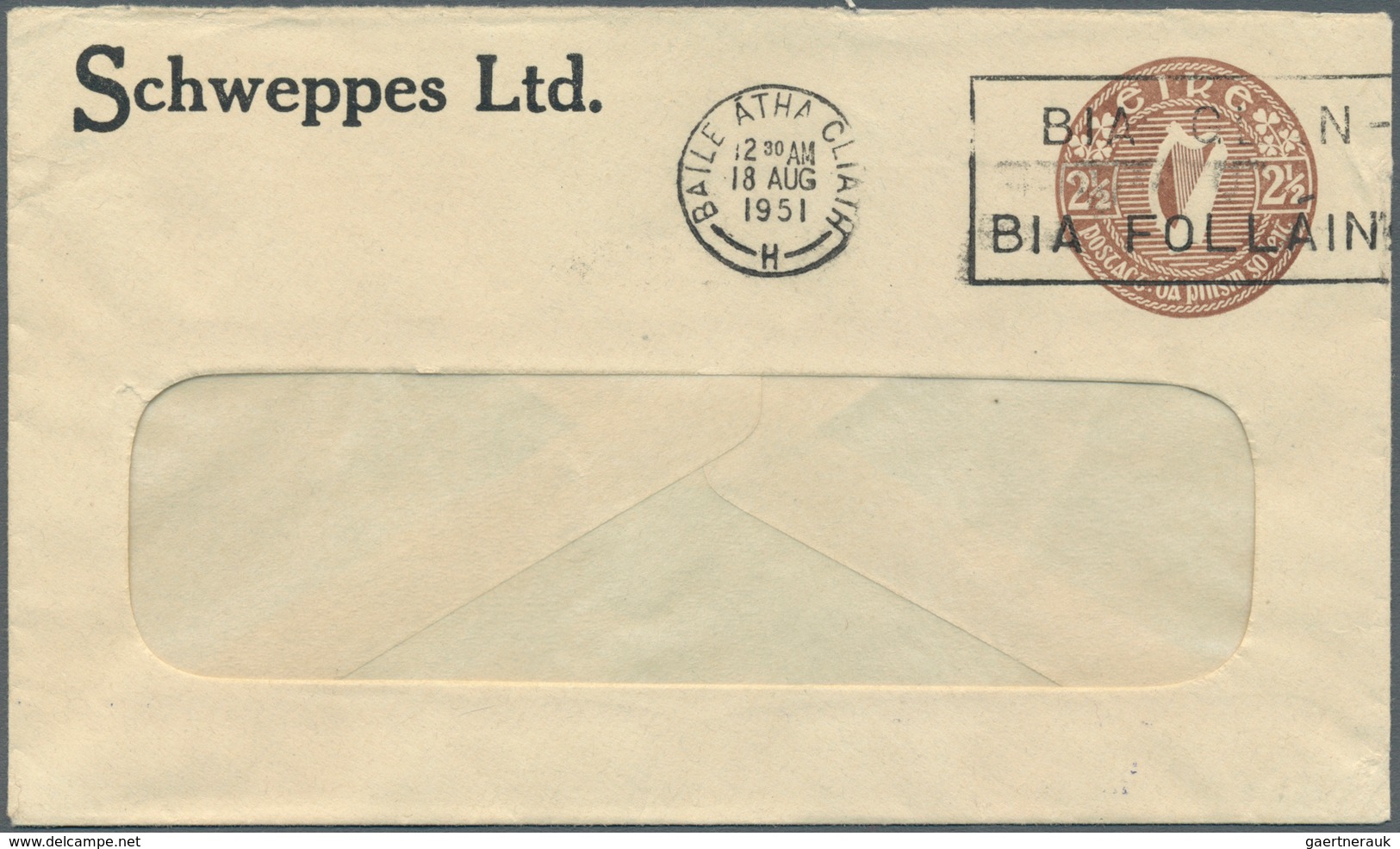 14538 Irland - Ganzsachen: Schweppes Ltd.: 1951, 2 1/2 D. Brown Window Envelope (edge Window), Used From " - Ganzsachen
