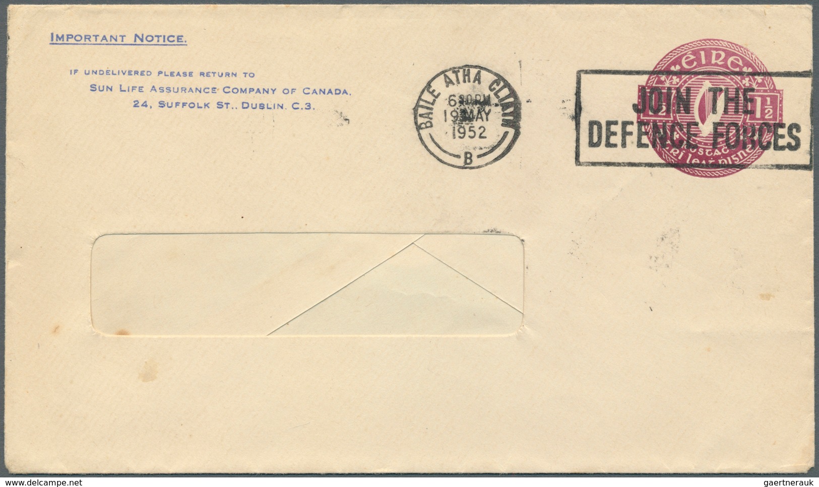 14543 Irland - Ganzsachen: Sun Life Insurance Company Of Canada: 1952, 1 1/2 D. Violet Window Envelope Wit - Ganzsachen