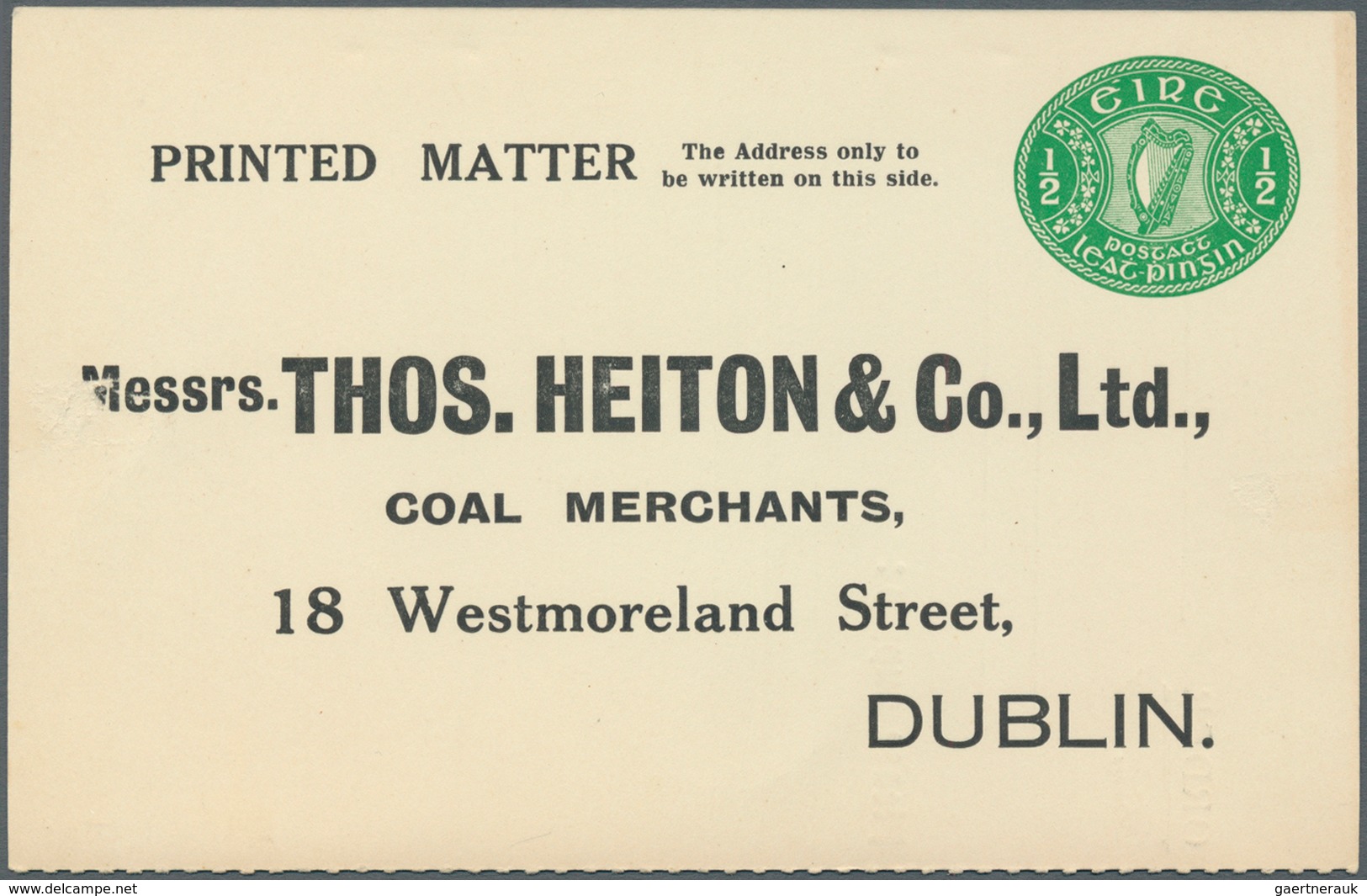 14544 Irland - Ganzsachen: Thos. Heiton & Co., Ltd., Dublin: 1930 (?), 1/2 D. Pale Green Printed Metter An - Ganzsachen