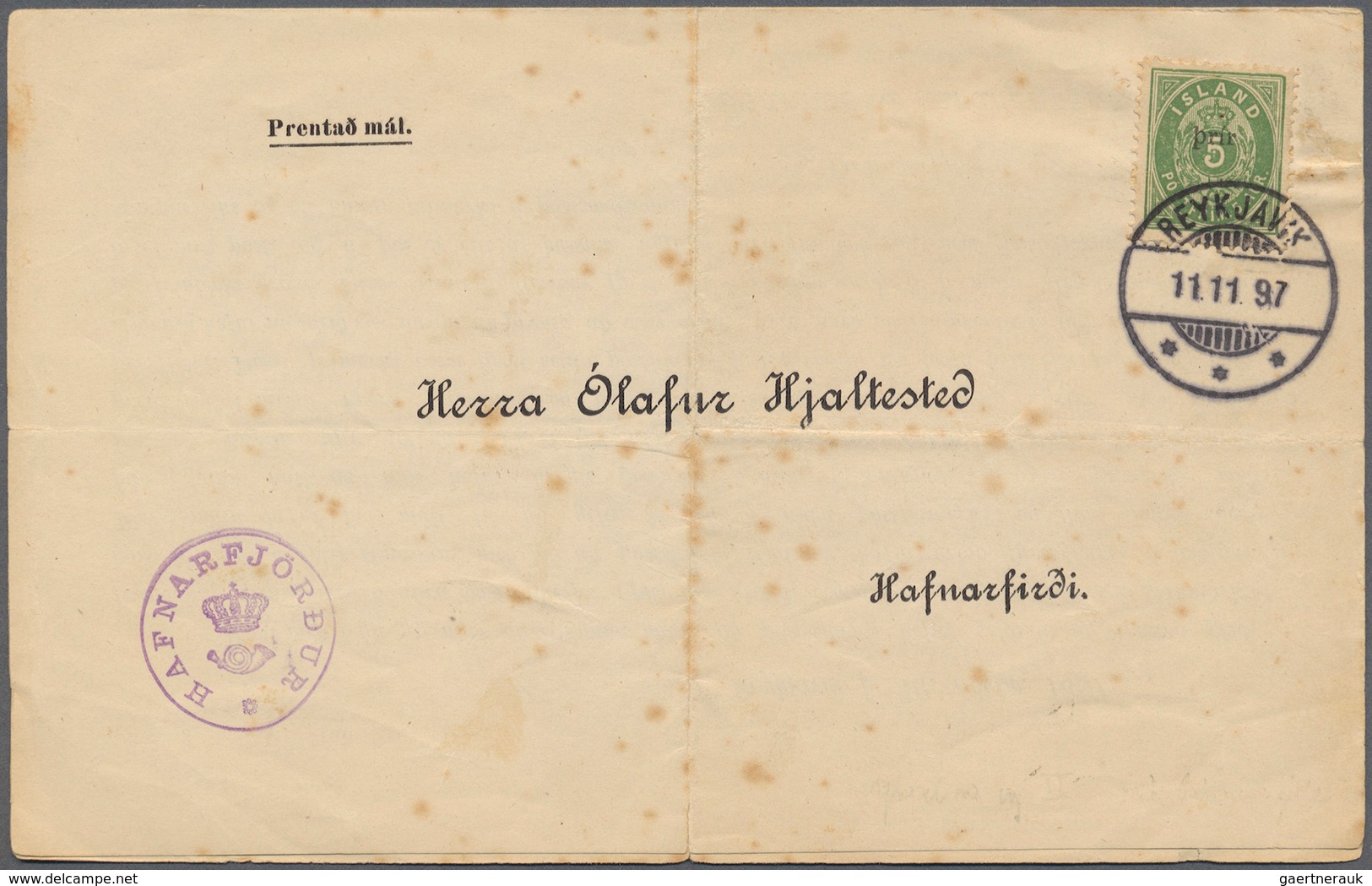 14604 Island: 1897, Printed Circular Addressed To Hafnarfjordur Bearing Yvert 19 5a Green (prir Surcharge - Sonstige & Ohne Zuordnung