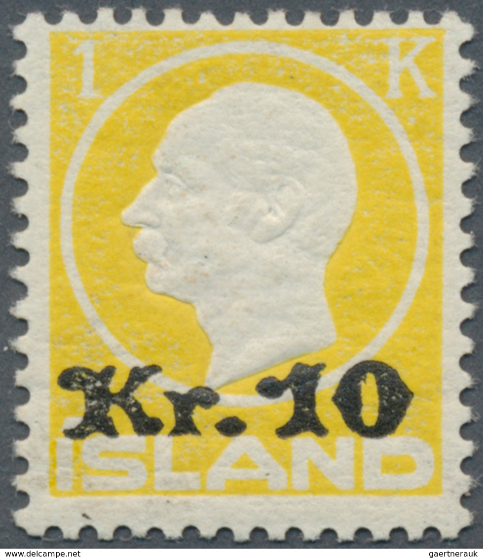14610 Island: 1924, "Kr.10" Auf 1 Krone Gelb, Unsigniert, Tadellos Postfrisches Stück. (Mi. 850.- Euro) - Sonstige & Ohne Zuordnung