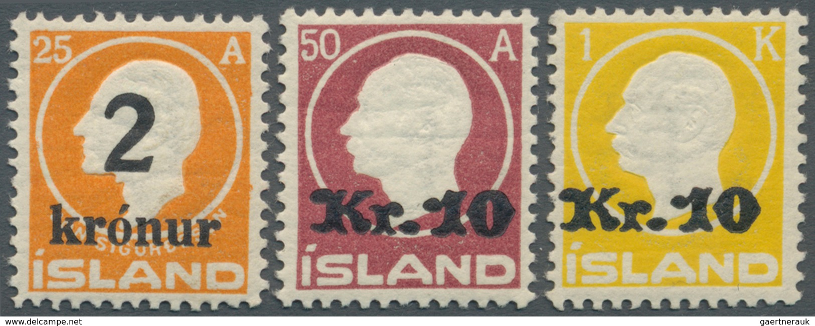 14612 Island: 1924/1926, Drei Aufdruckwerte Mit 2 Kr. Auf 25 A. Orange, 10 Kr. Auf 50 A. Lilarot Bzw. Auf - Sonstige & Ohne Zuordnung