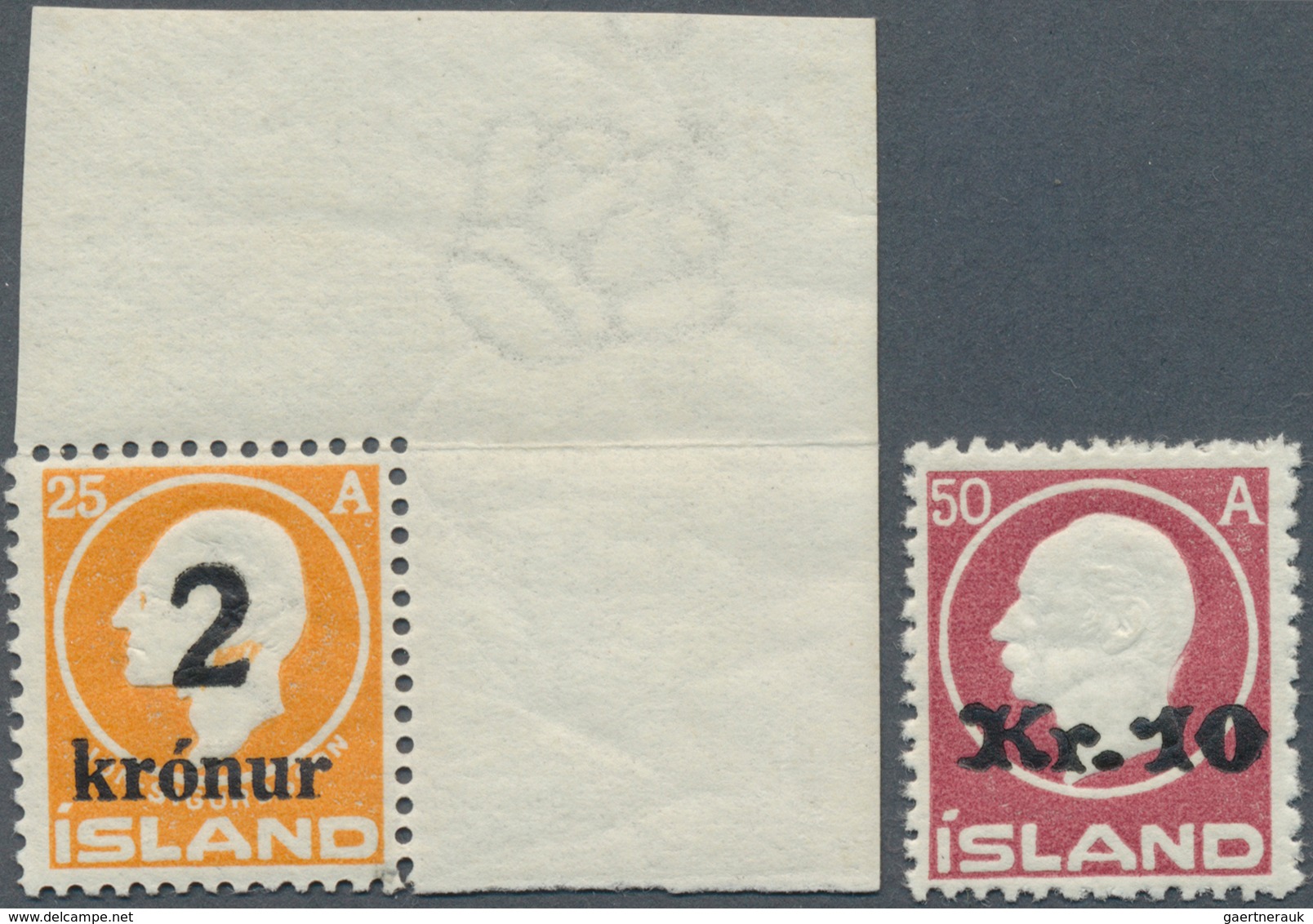 14613 Island: 1925/1926, Lokaler Aufdruck 2 Kr. Rechtes Oberes Bogenrandstück (geprüft Dr. Debo), Sowie 10 - Autres & Non Classés