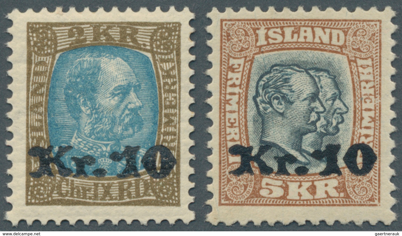 14614 Island: 1929/1930, Zwei Aufdruckwerte Mit 10 Kr. Auf 2 Kr. Olivbraun/hellblau Bzw. Auf 5 Kr. Hellbra - Autres & Non Classés