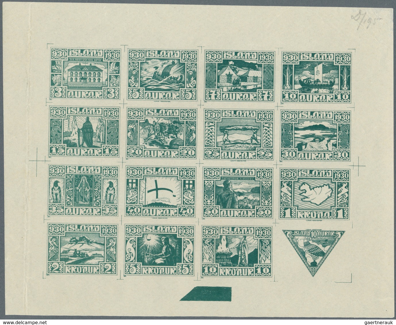 14617 Island: 1930, Composite Die Proof Sheet In Dark Olive Green Of Design Plate Only Of The Complete Set - Autres & Non Classés