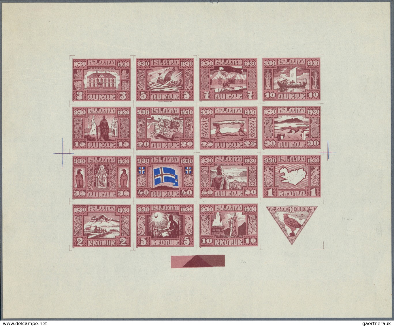 14618 Island: 1930, Composite Die Proof Sheet In Dark Violett Of Complete Set Of 16 Values With All 3 Plat - Autres & Non Classés