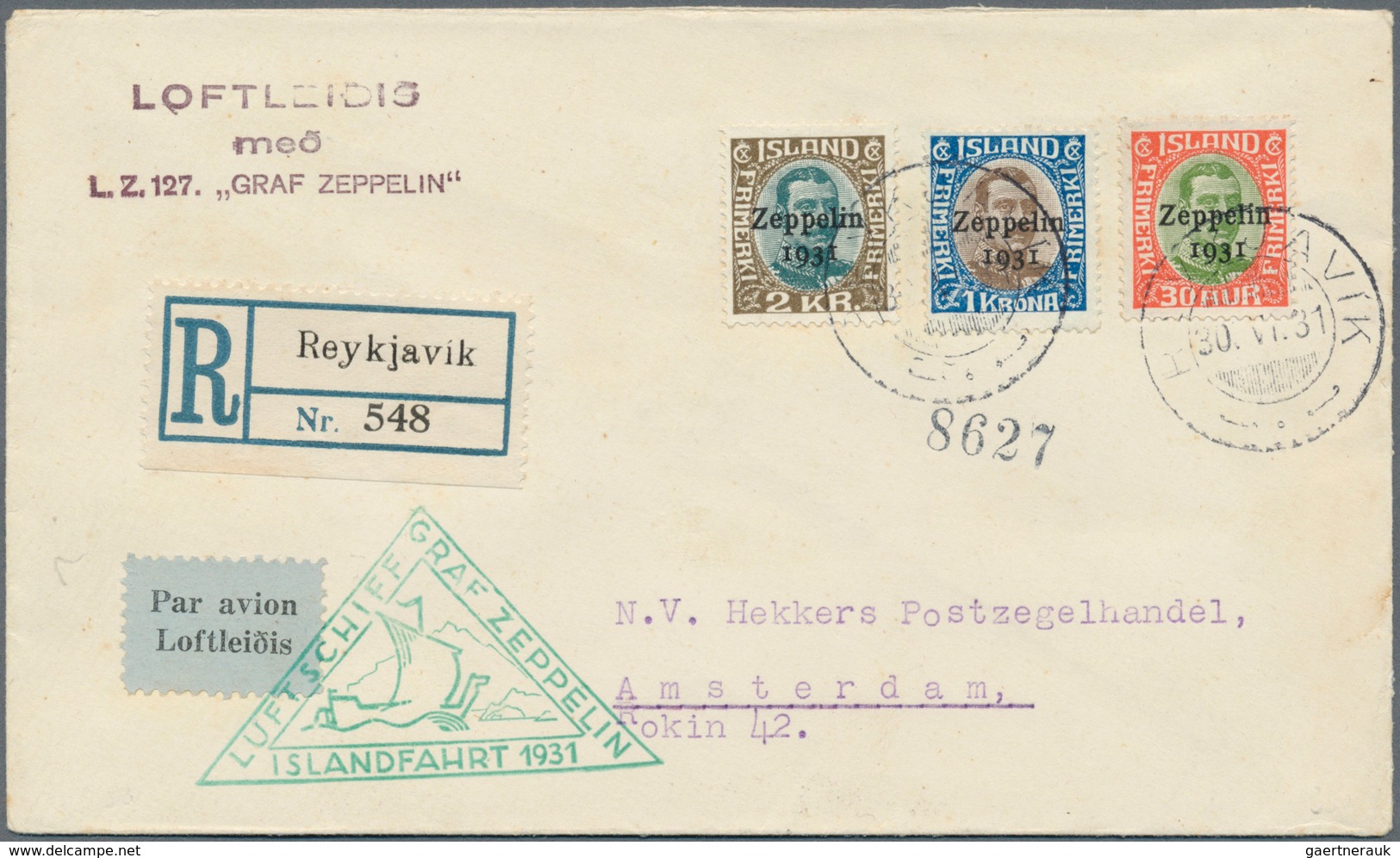 14626 Island: 1931, Islandfahrt Des LZ 127, Zeppelinmarken Komplett Auf Einschreibe-Brief Ab Reykjavik 30. - Autres & Non Classés