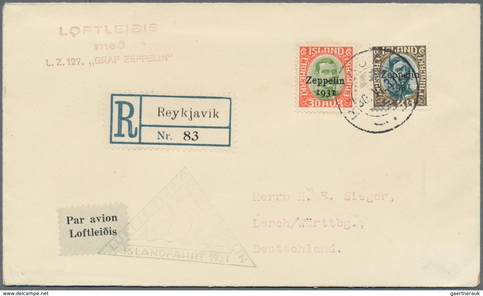 14627 Island: 1931, Zeppelin 30 A. And 2 Kr. Tied By Cds. "REYKJAWIK 30.VI.31" To Registered Cover With Ze - Autres & Non Classés