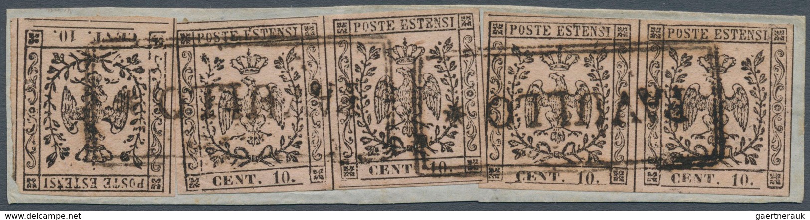 14653 Italien - Altitalienische Staaten: Modena: 1852: 10 C. Black On Rosa (with Point), Two Pairs And One - Modène